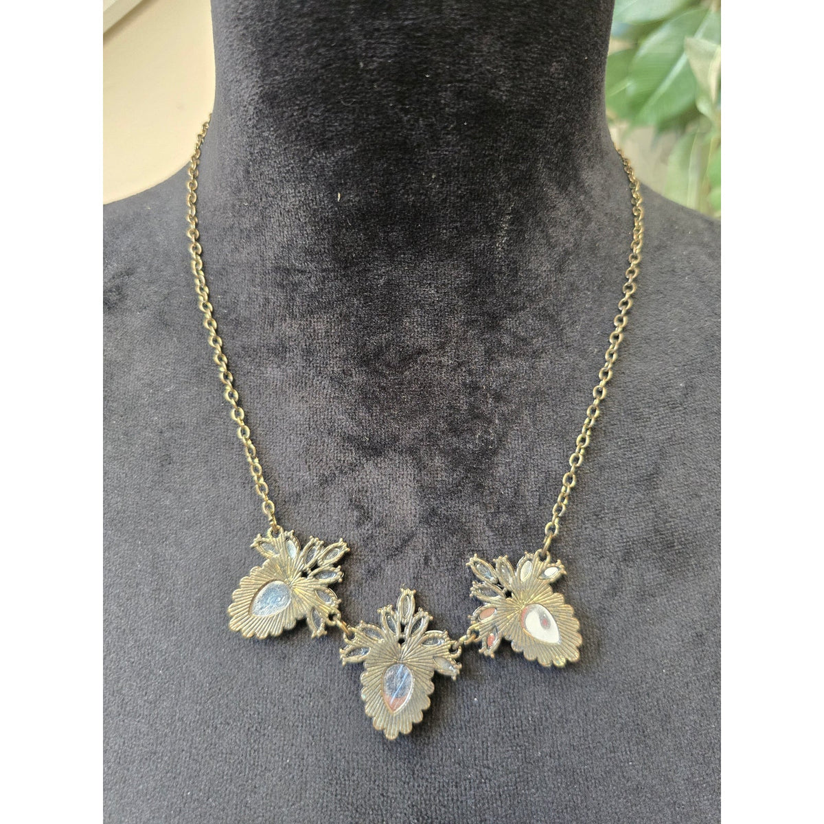 Gold-tone Chain Pink Teardrop Cluster Rhinestone Statement Necklace for Women