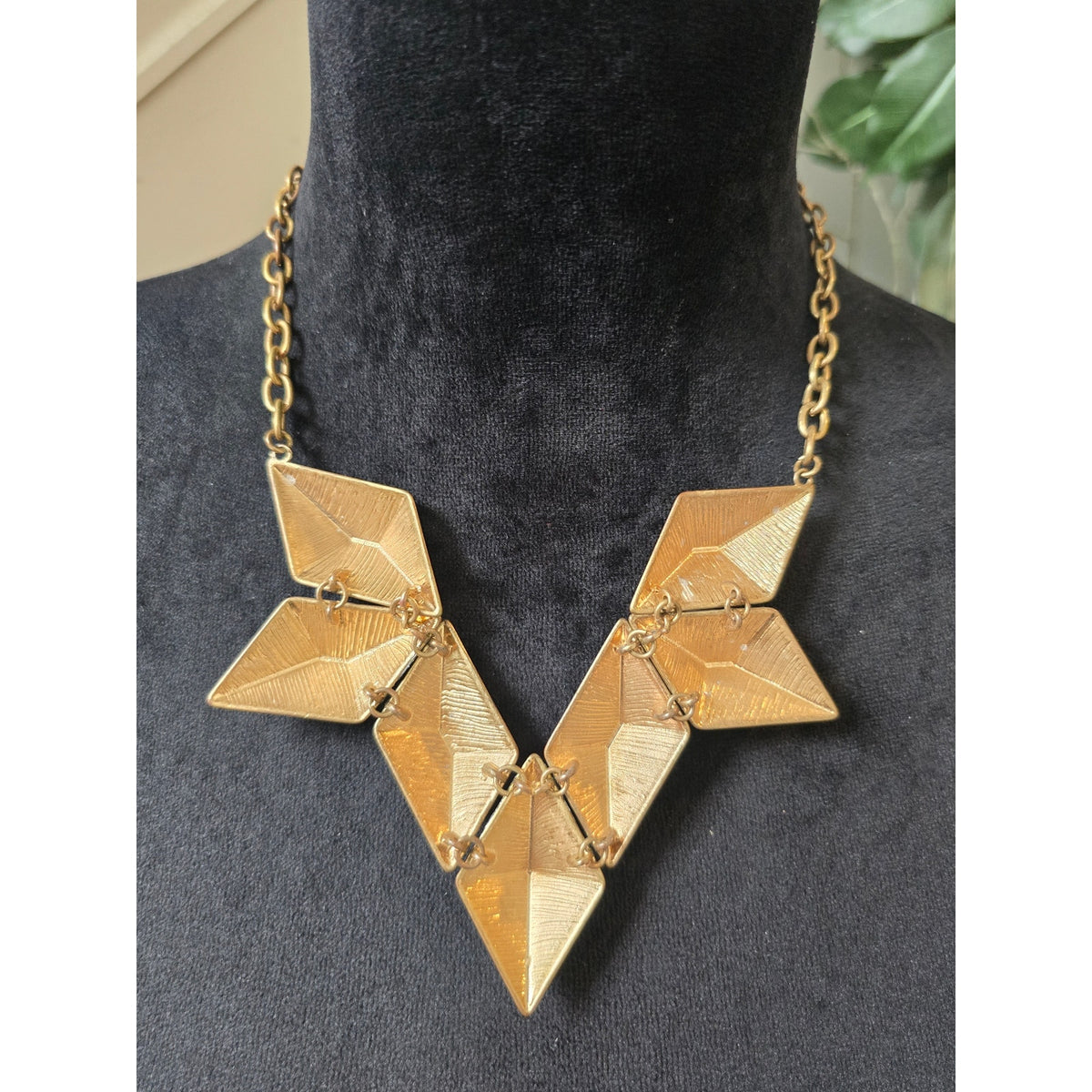 Gold Tone Chunky Geometric Faceted Triangle Chevron Bib Necklace