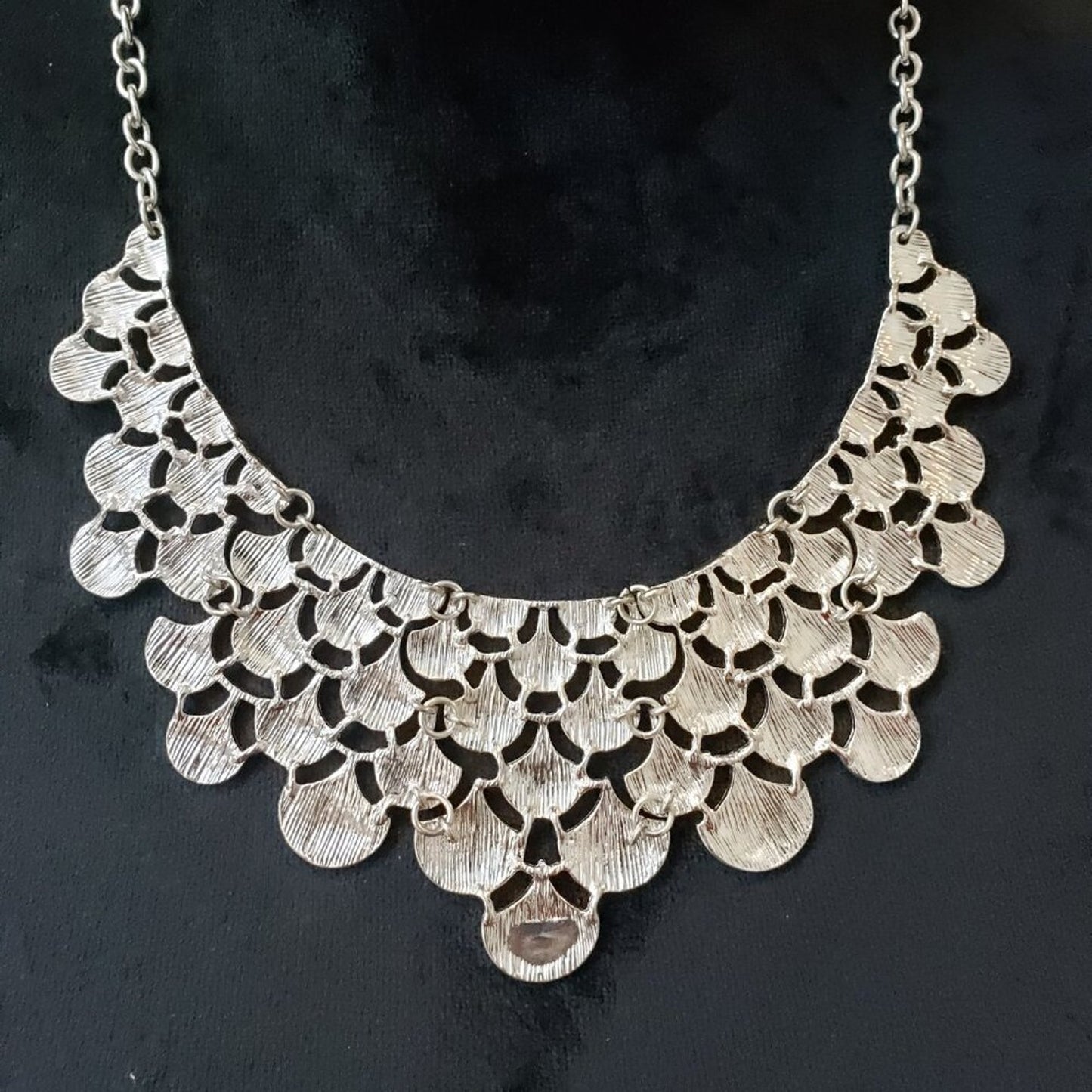 Womens Silver Tone Bold Bib Layered Enamel Statement Necklace with Lobster Clasp