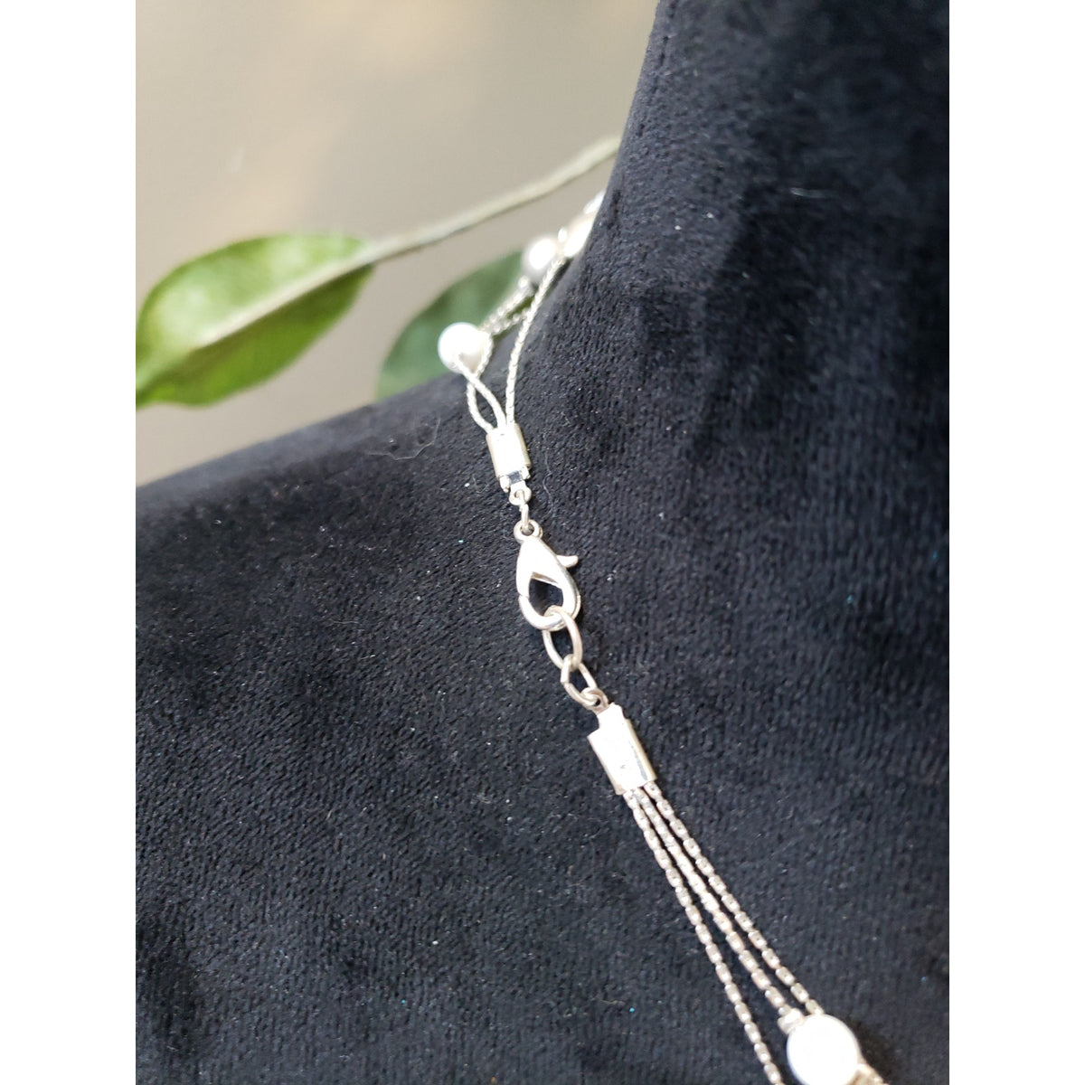 Womens 3 Strand Silver Tone Faux Pearl Abolan Shell Blister Pearl Bib Necklace