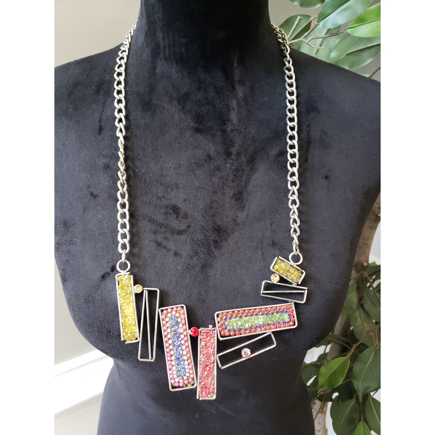 Colorful Beaded Chain Necklace with Yellow Pink & Purple Beaded Pendants