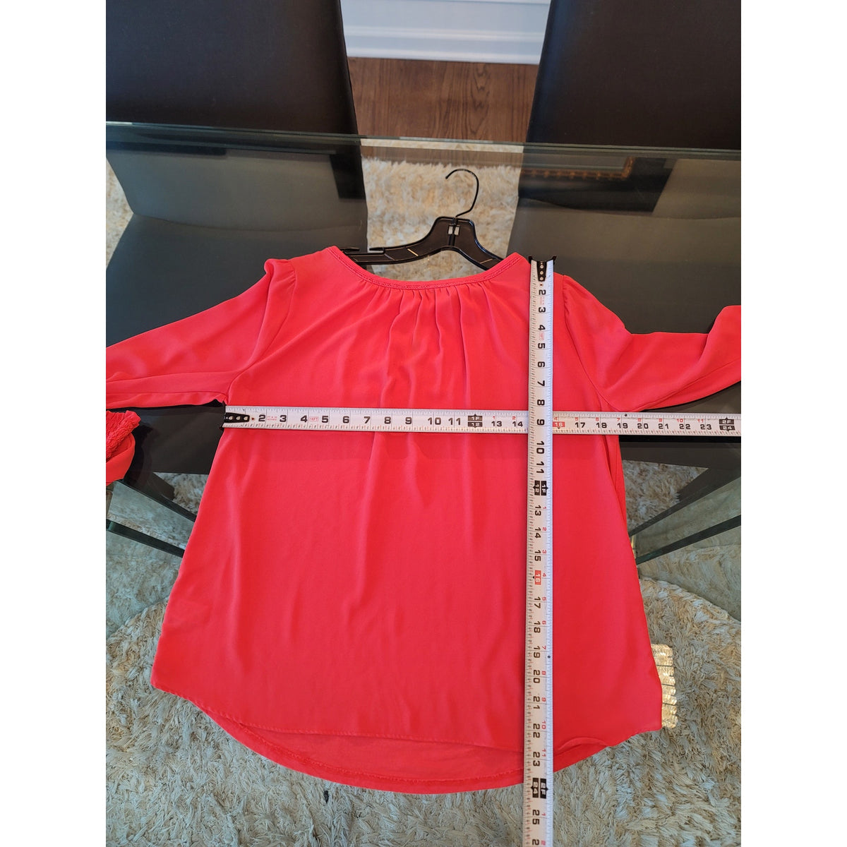 Loft Blouse S Red Ruched Boat Curved Hem Keyhole Back Bishop Sleeve Pullover