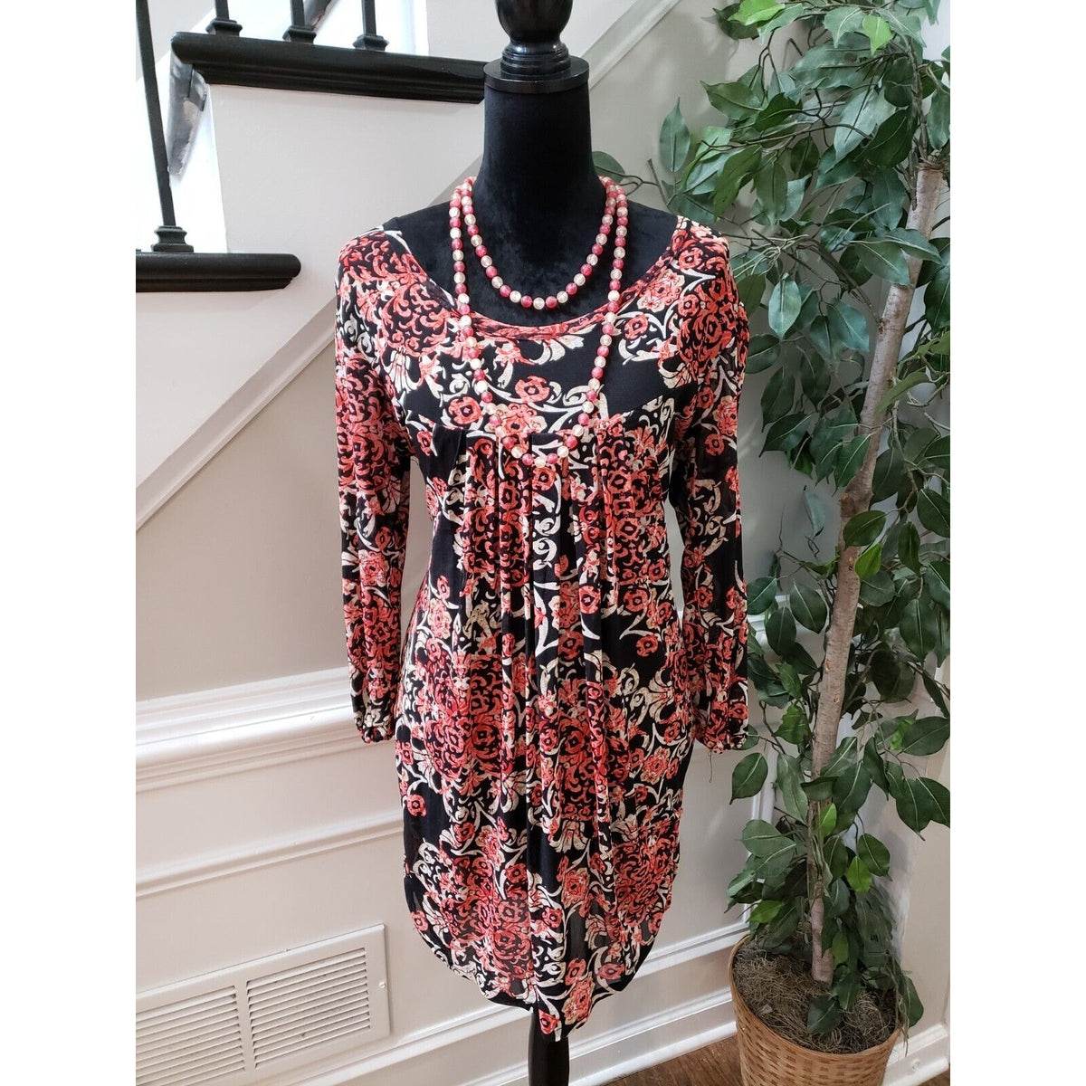 Womens Multicolor Polyester Round Neck Long Sleeve Knee Length Dress Size Medium