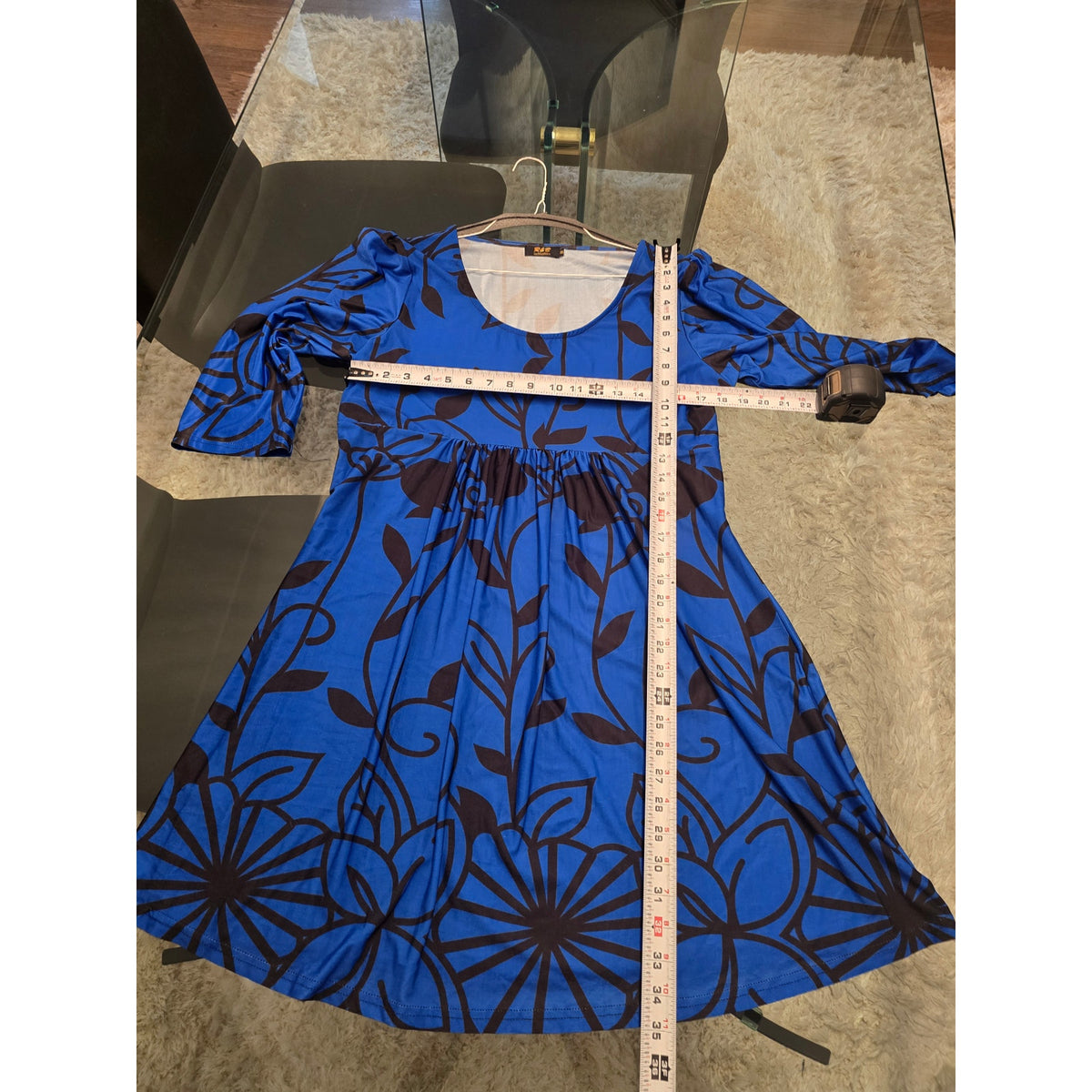 R&B Collection Midi Dress Women's 1X Blue Floral Casual Loose Fit Long Sleeves