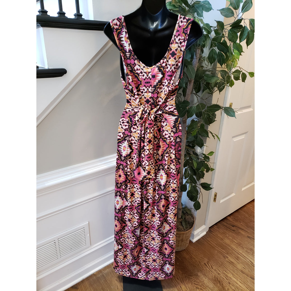 House of Bailey Long Maxi Dress Womens Large Multi Scoop Neck Drawstring Waist