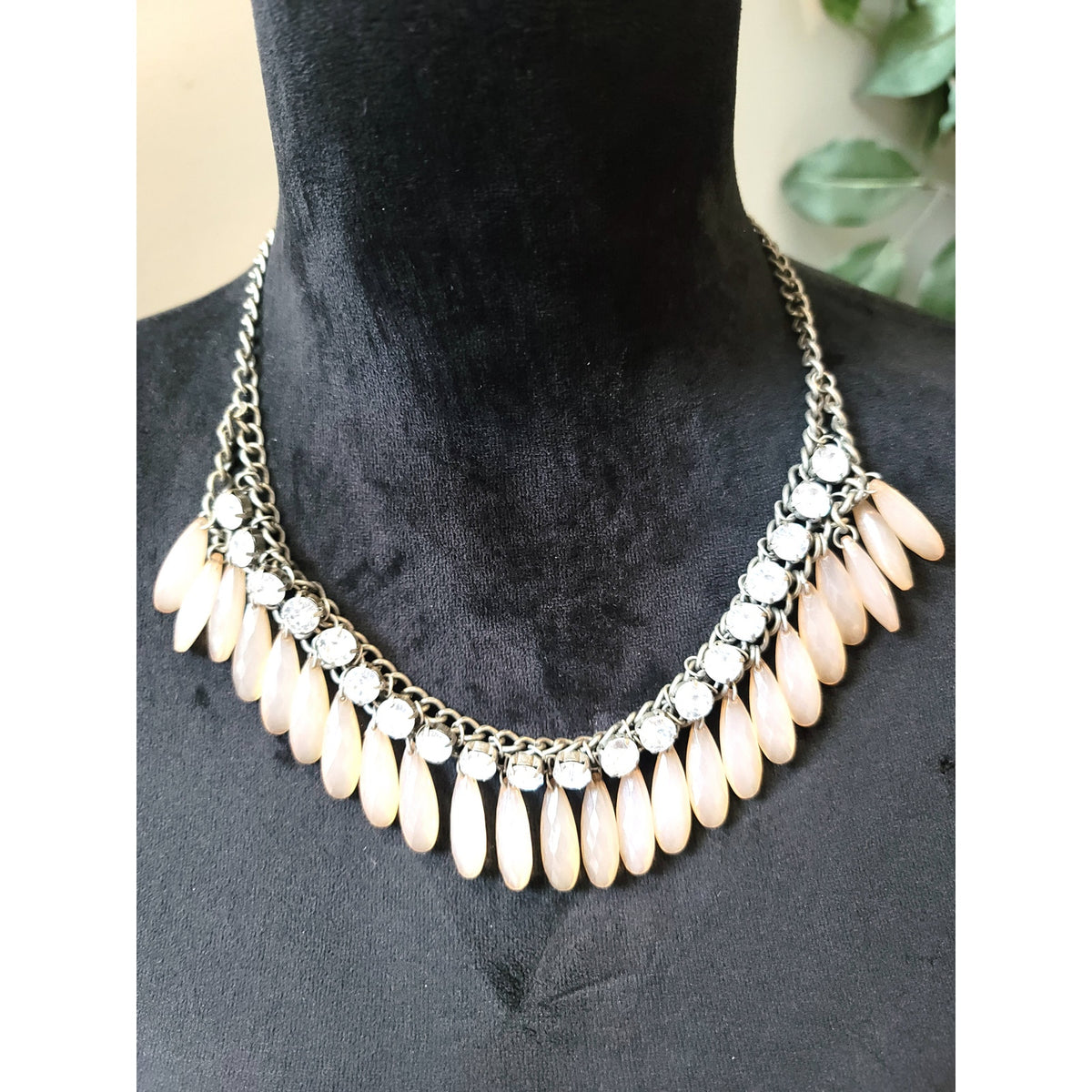 Women's Peach Teardrop Crystal Statement Necklace Silver Lobster Clasp Elegant
