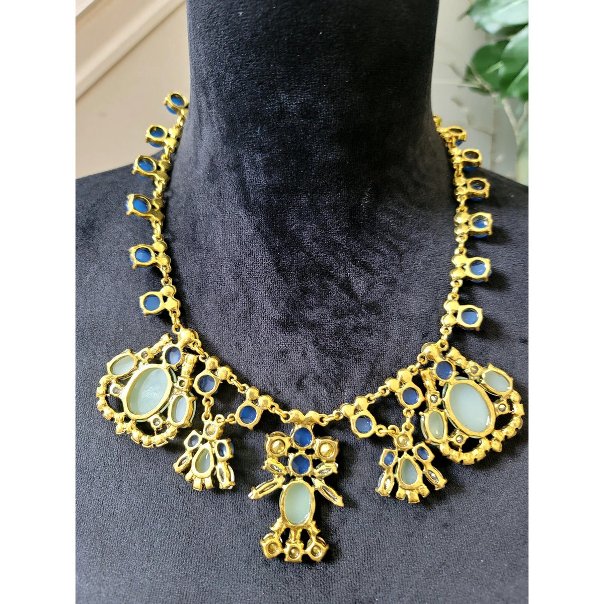 Blue Mint Green Rhinestone Floral Statement Necklace Gold Tone Bib Jewelry