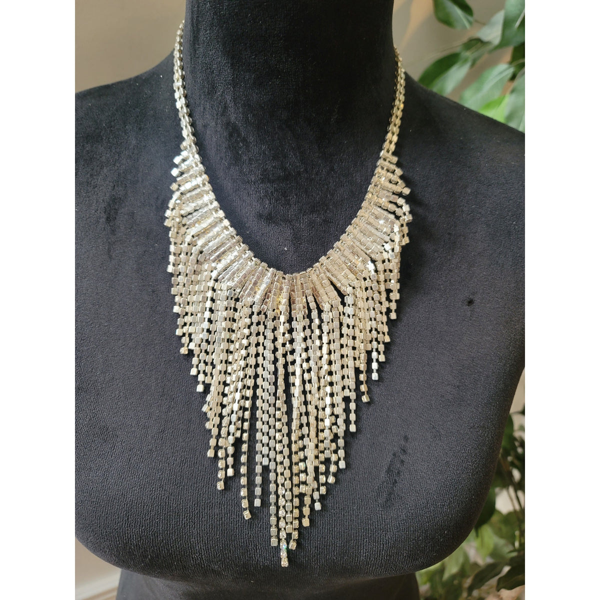 Women's Silver Tone AB Rhinestone Fringe Bib Statement Necklace Jewelry