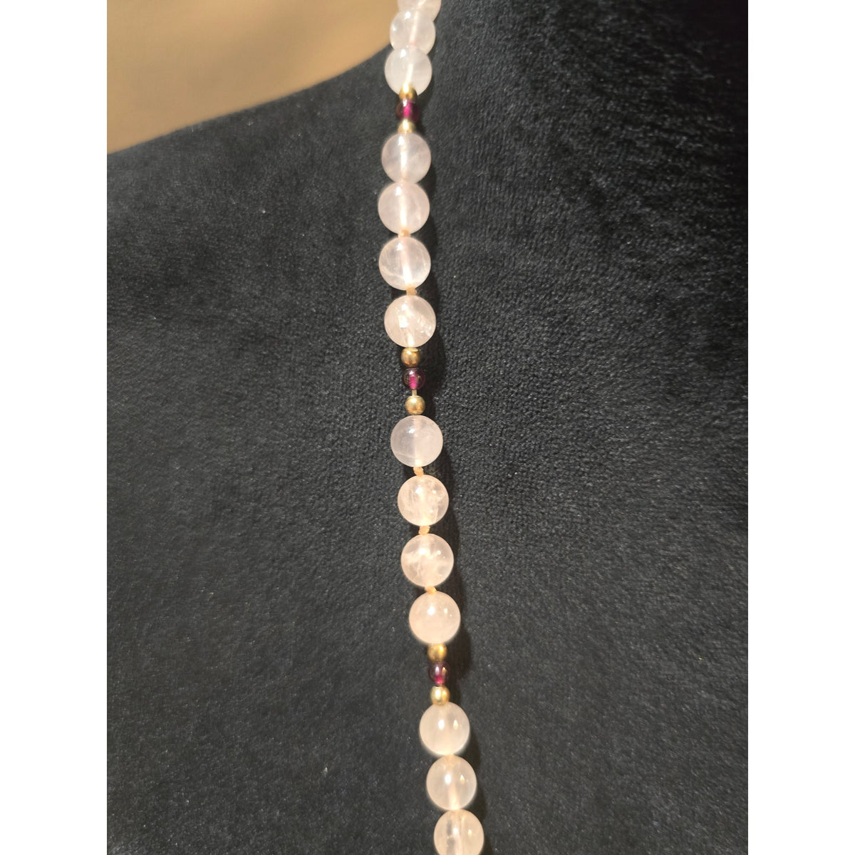 Women Rose Quartz Heart Bead Necklace With Gold Spacer Beads And Garnet Accents