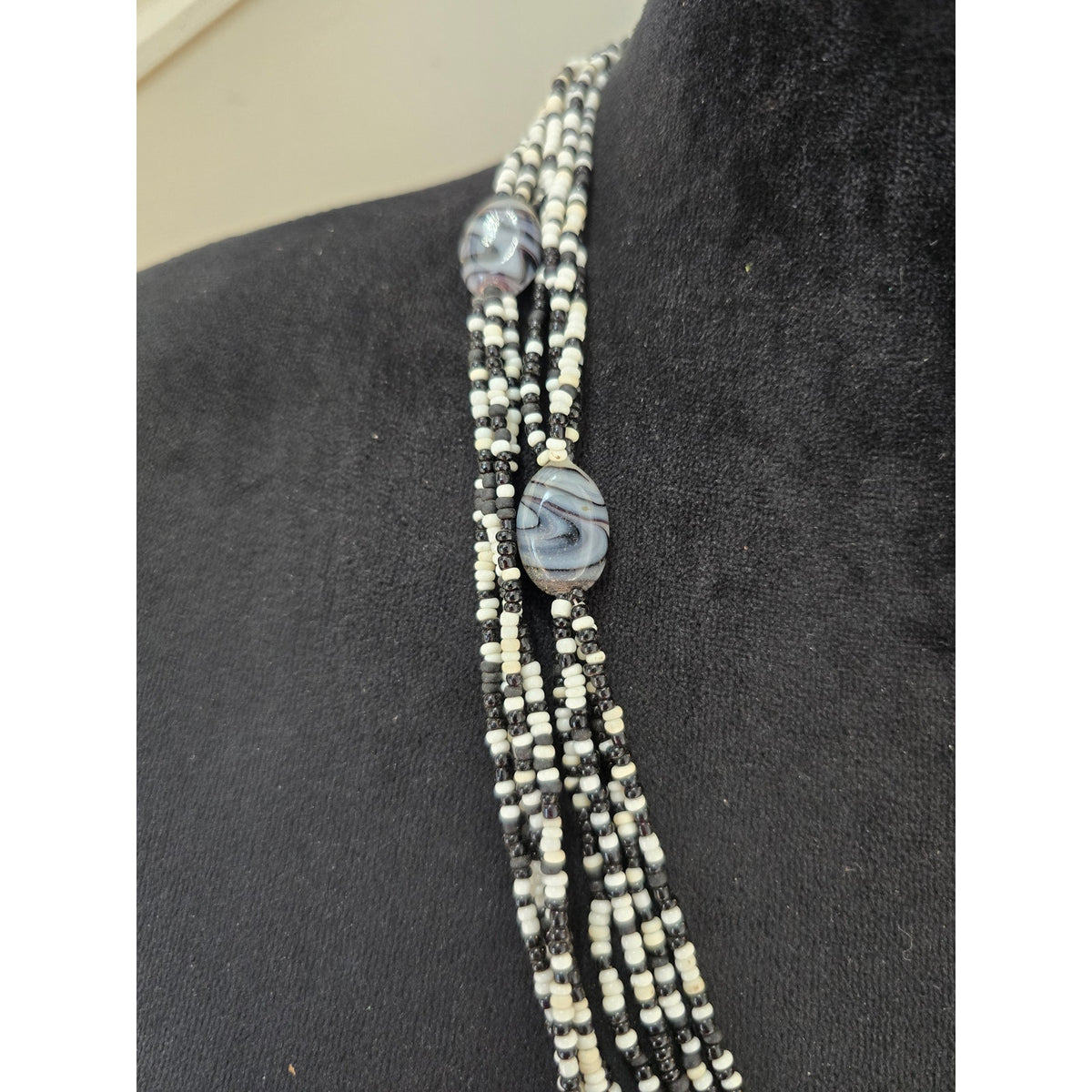 Multi Strand Black White Beaded Statement Necklace Gray Stone Accents