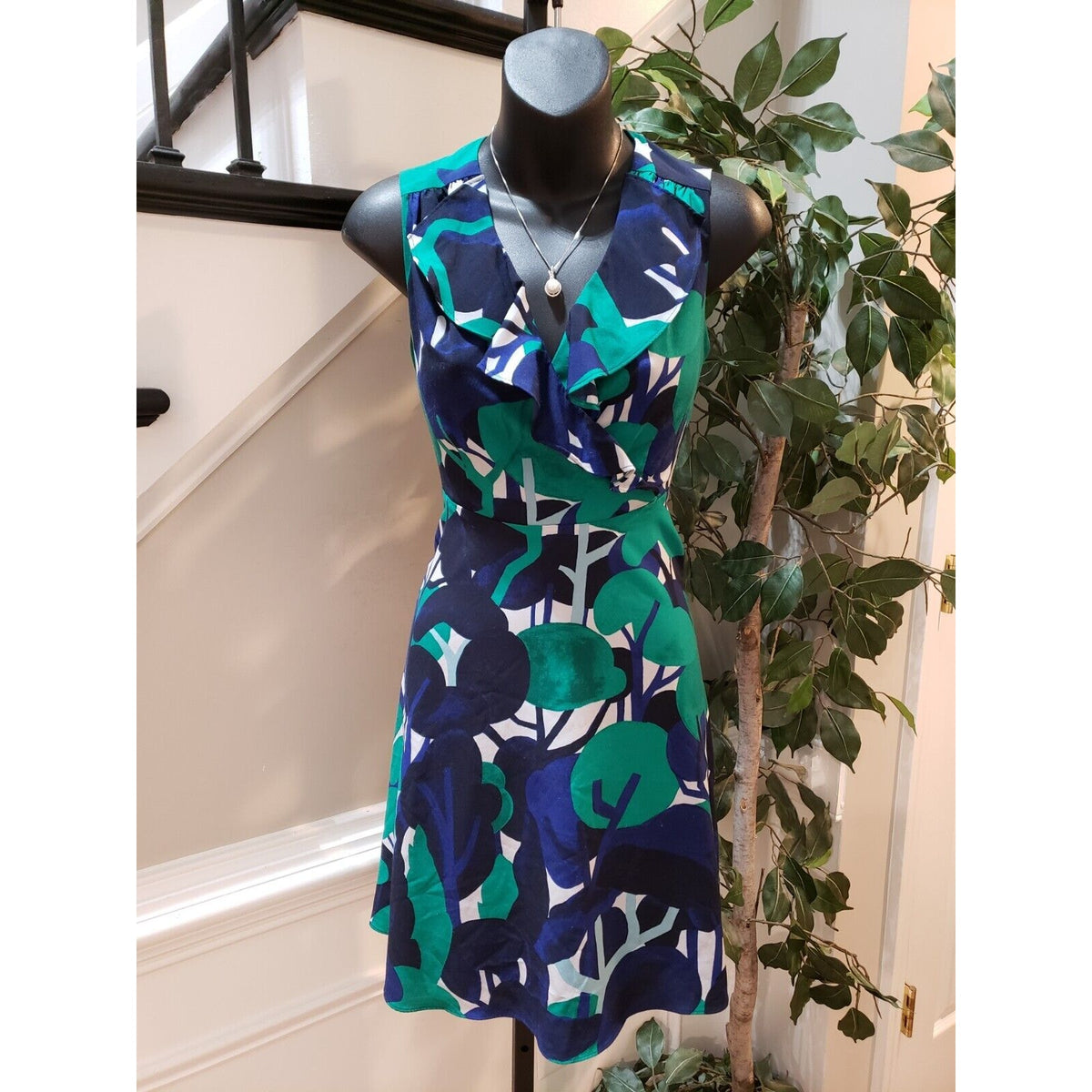Ann Taylor Womens Blue & Green Polyester V-Neck Sleeveless Knee Length Dress 00P