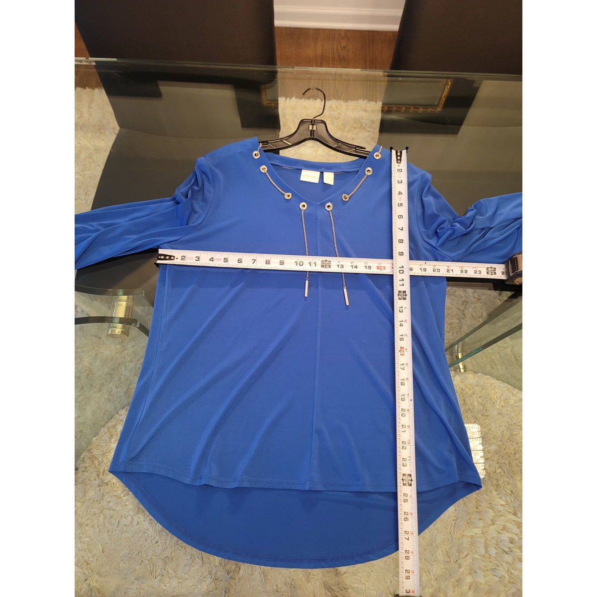 Chicos Blouse 2L Royal Blue Stretch Gold Tassel V-Neck Hi-Low Hem Pullover Party