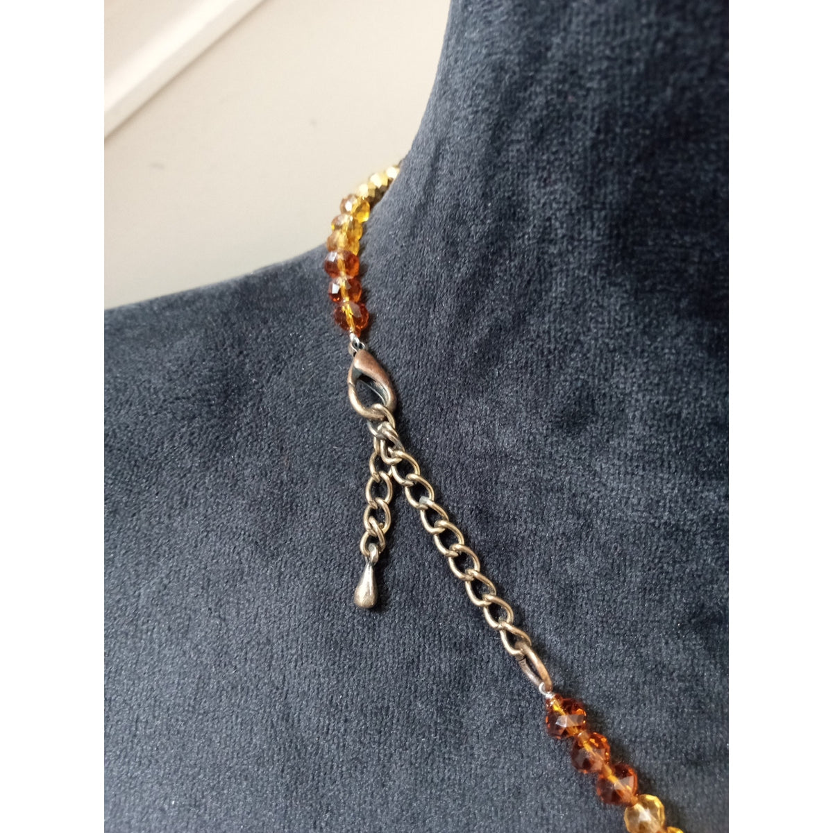 Vintage Amber Rhinestone Flower Pendant Necklace Gold Tone Beaded Statement