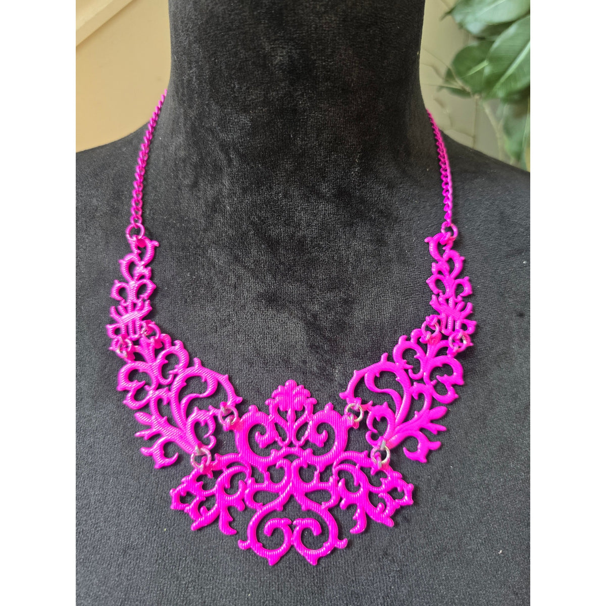 Hot Pink Filigree Floral Cutout Statement Necklace