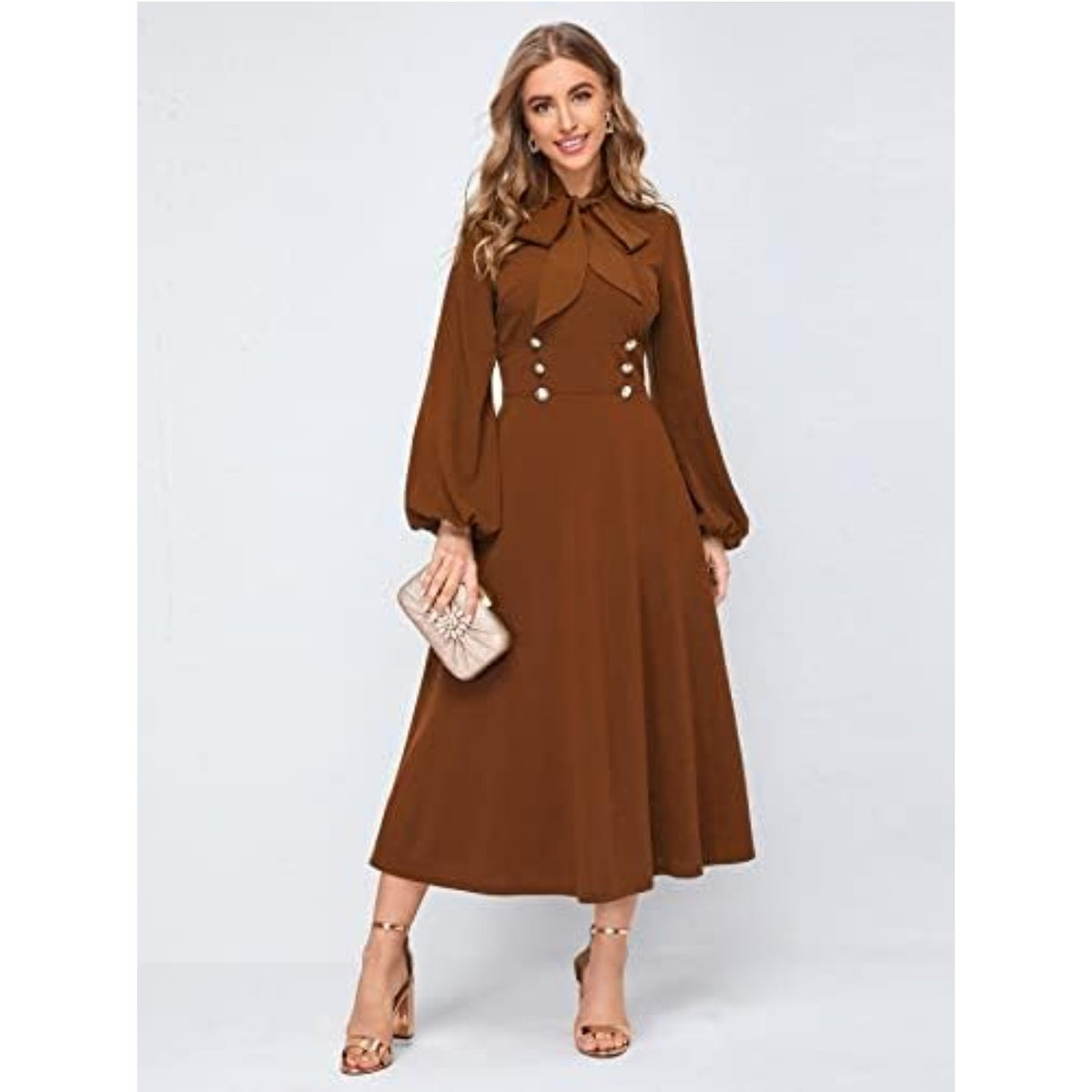 SHEIN Dress Women's XL Brown Empire Waist Double Button Detail Lantern Tie Neck