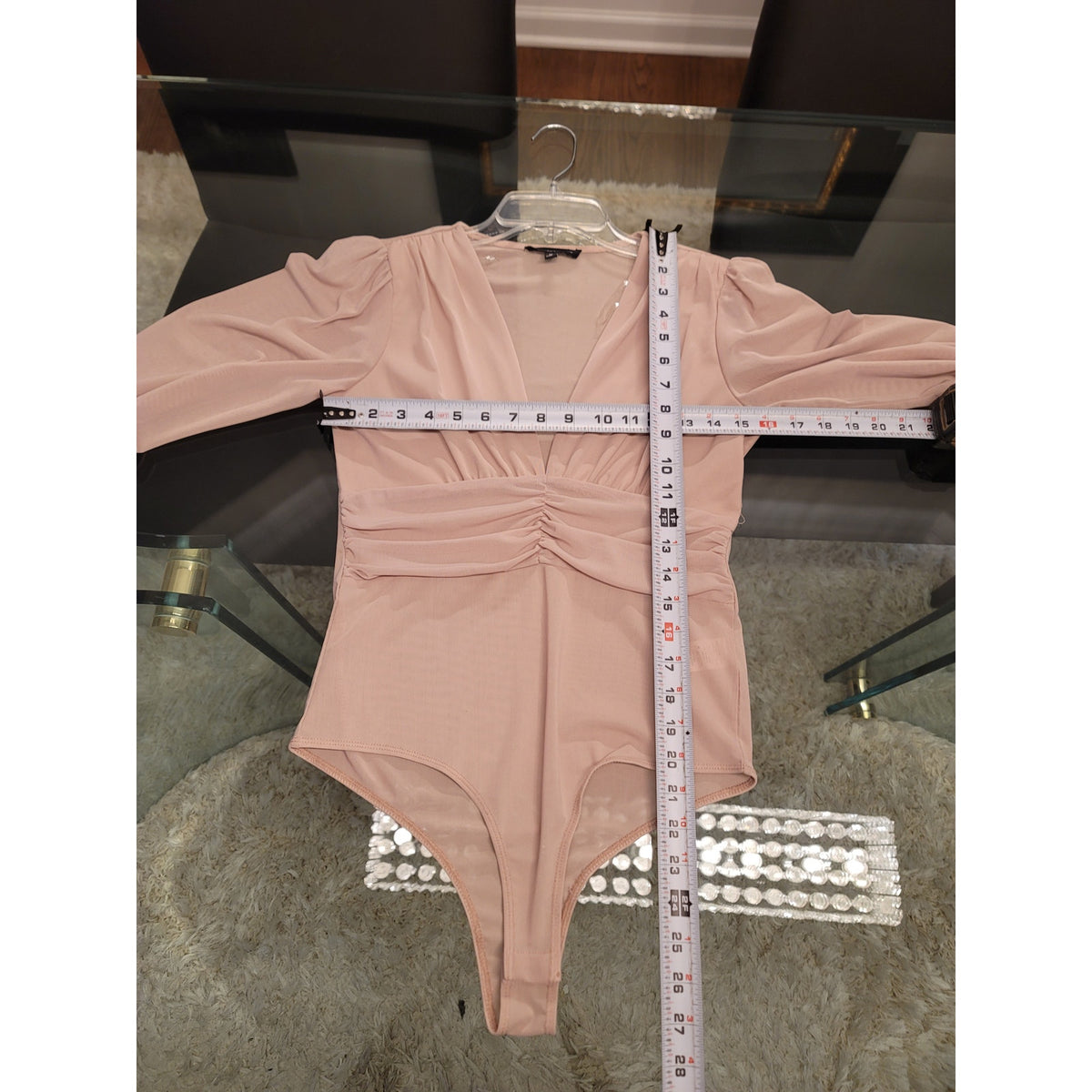 STELLA LUCE Bodysuit Women's Size M Pink Ruched Plunge V Neck Long Sleeve Top