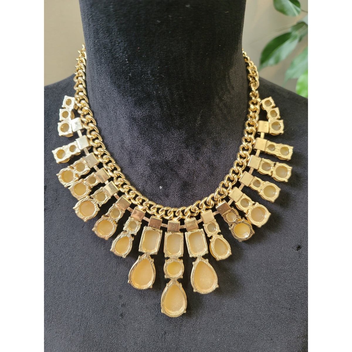 Women's Gold Tone Orange Teardrop Rhinestone Statement Bib Necklace Jewelry
