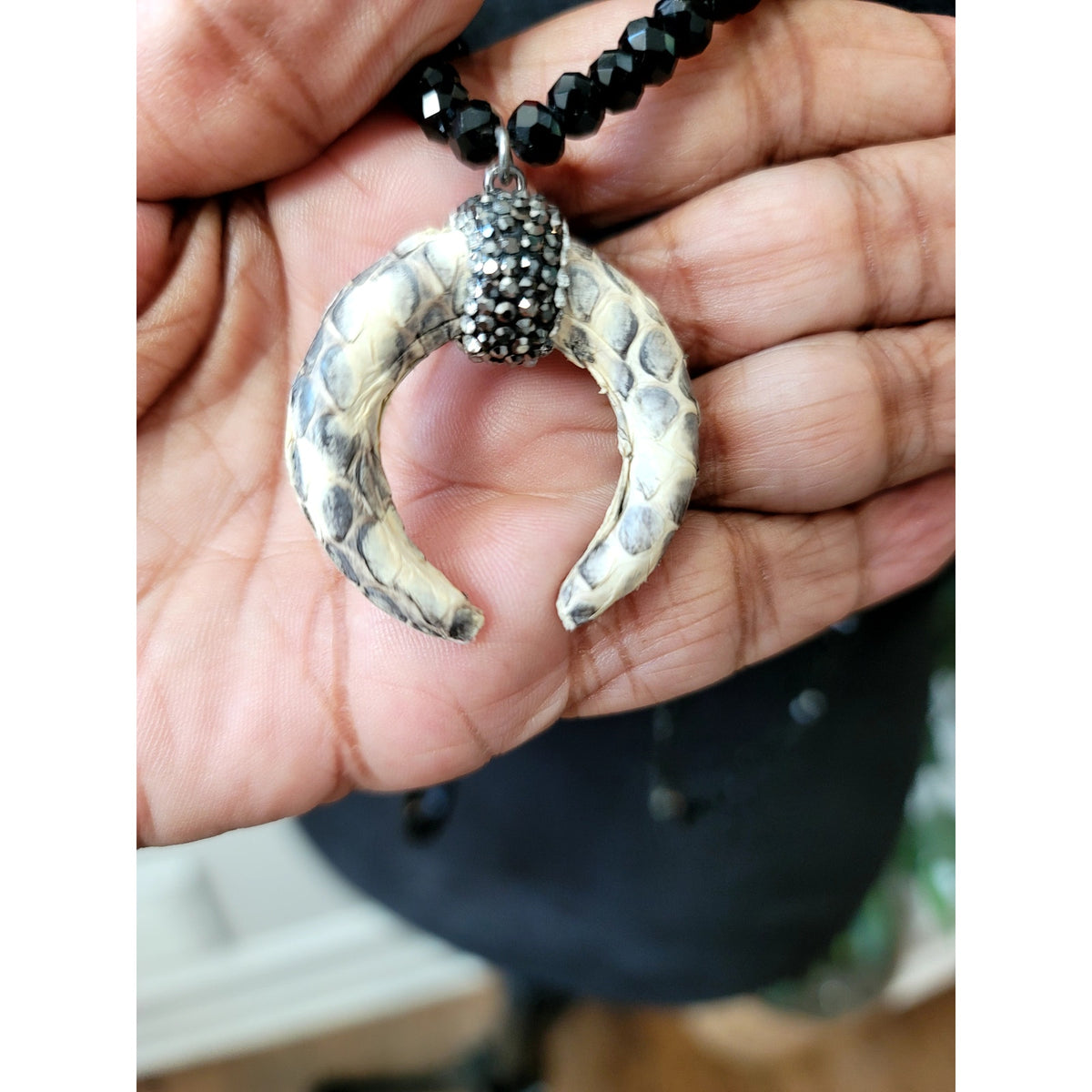Women Layered Black Beaded Crescent Horn Pendant Necklace Long Statement Jewelry