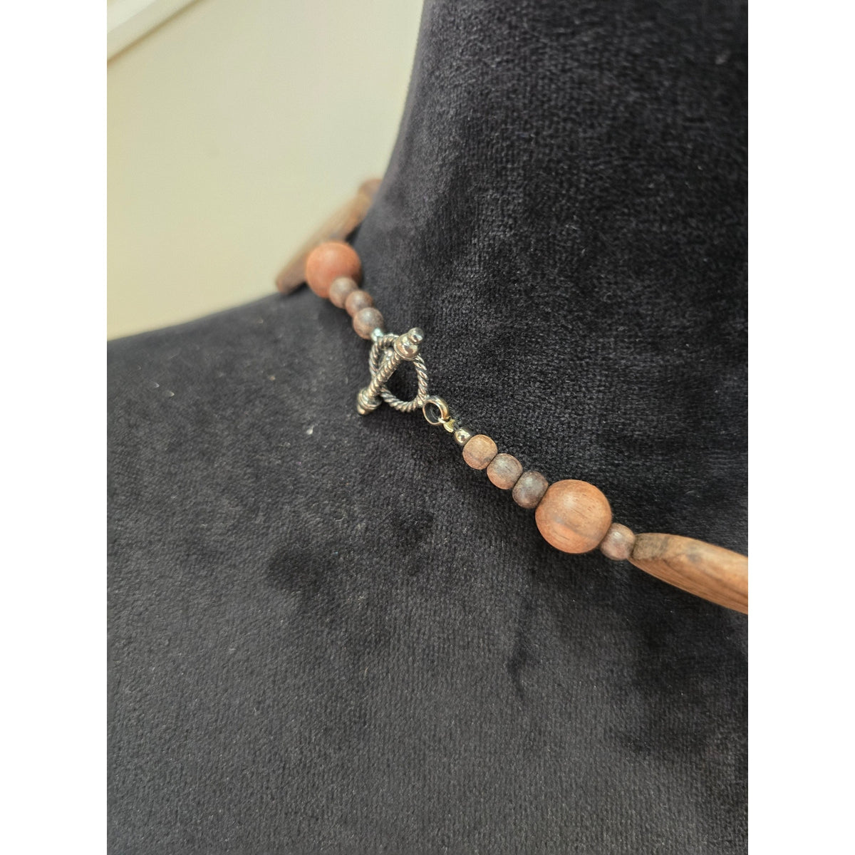 Brown Wood Bead Necklace Large Teardrop Shell Pendant Statement Jewelry