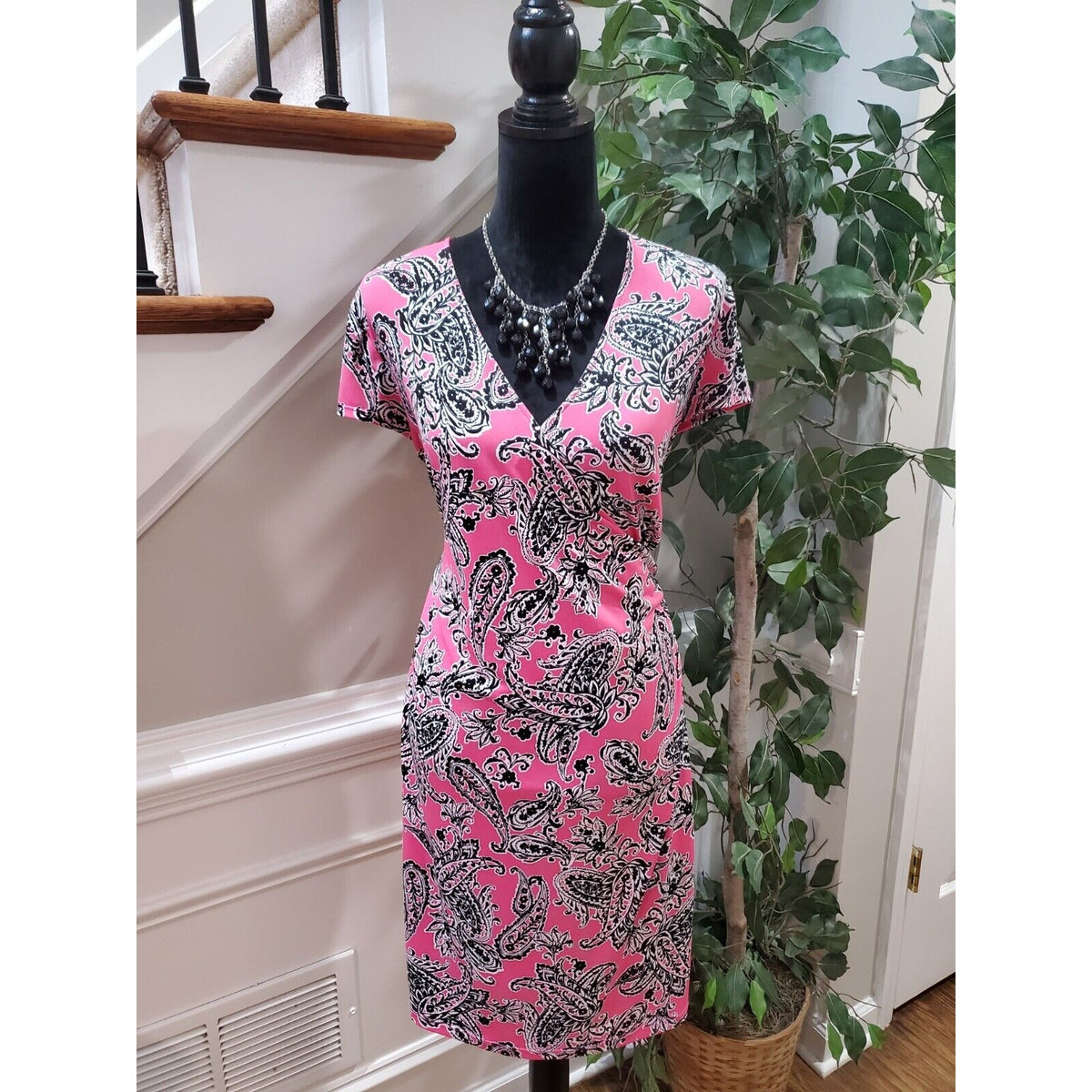 Jones New York Womens Pink Polyester V-Neck Short Sleeve Knee Length Dress Large