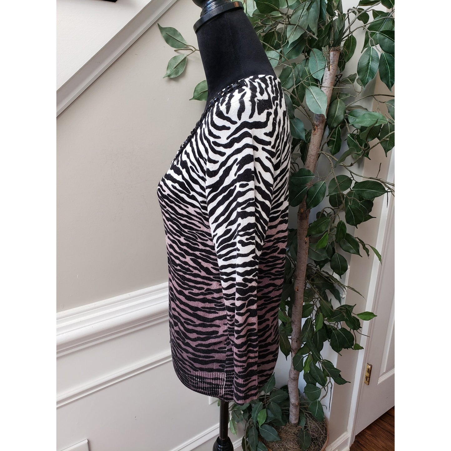 Carolyn Taylor Sweater Womens M Black White Zebra Print Lace Trim Rhinestone