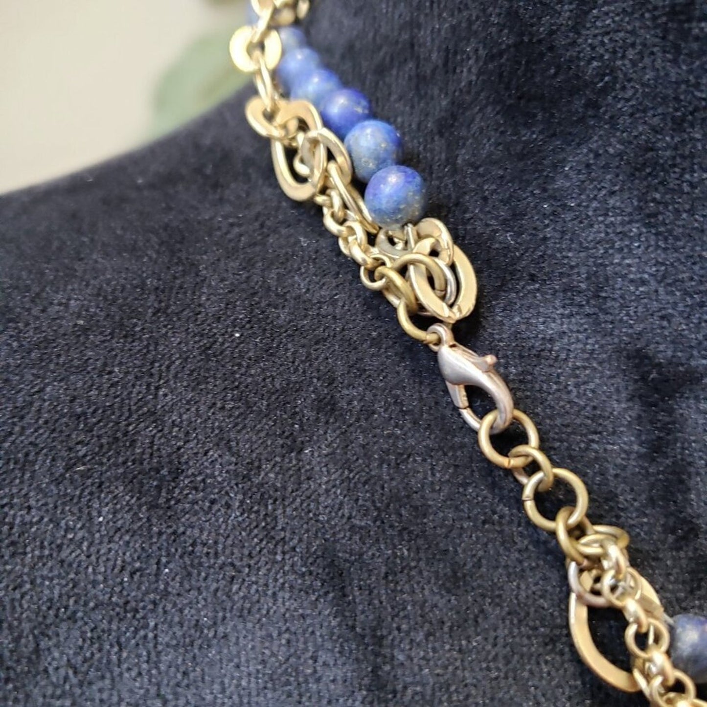 Womens Fashion Blue & Gold Tone Beaded Pendant Necklace with Lobster Clasp