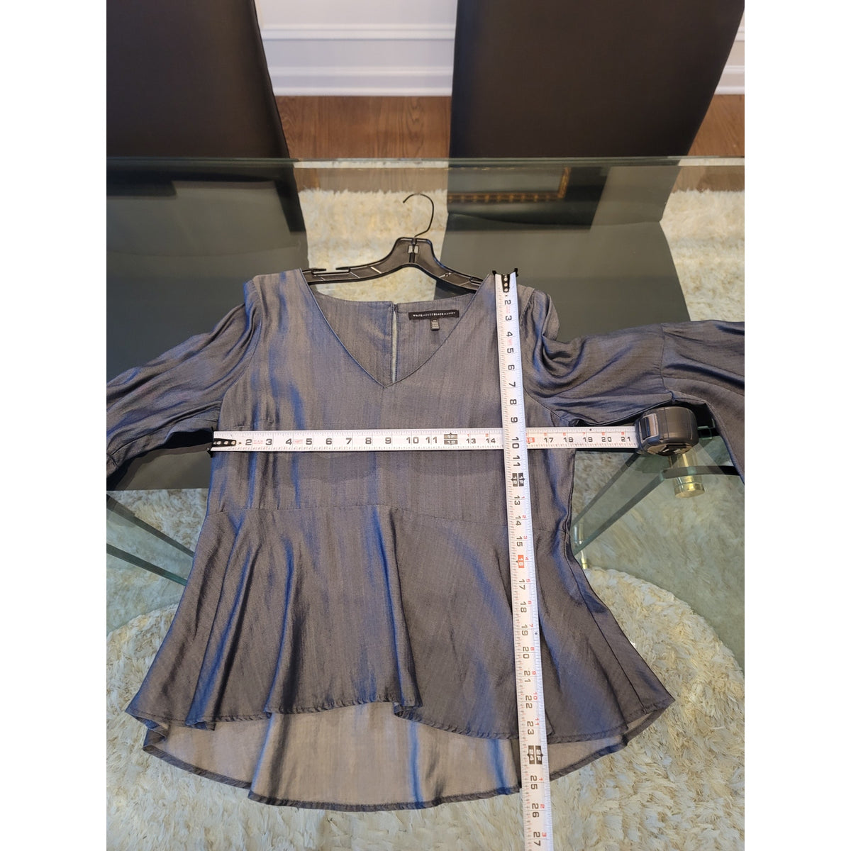 White House Black Market Peplum Top 10 Blue Denim Dramatic Bell Sleeve Pullover