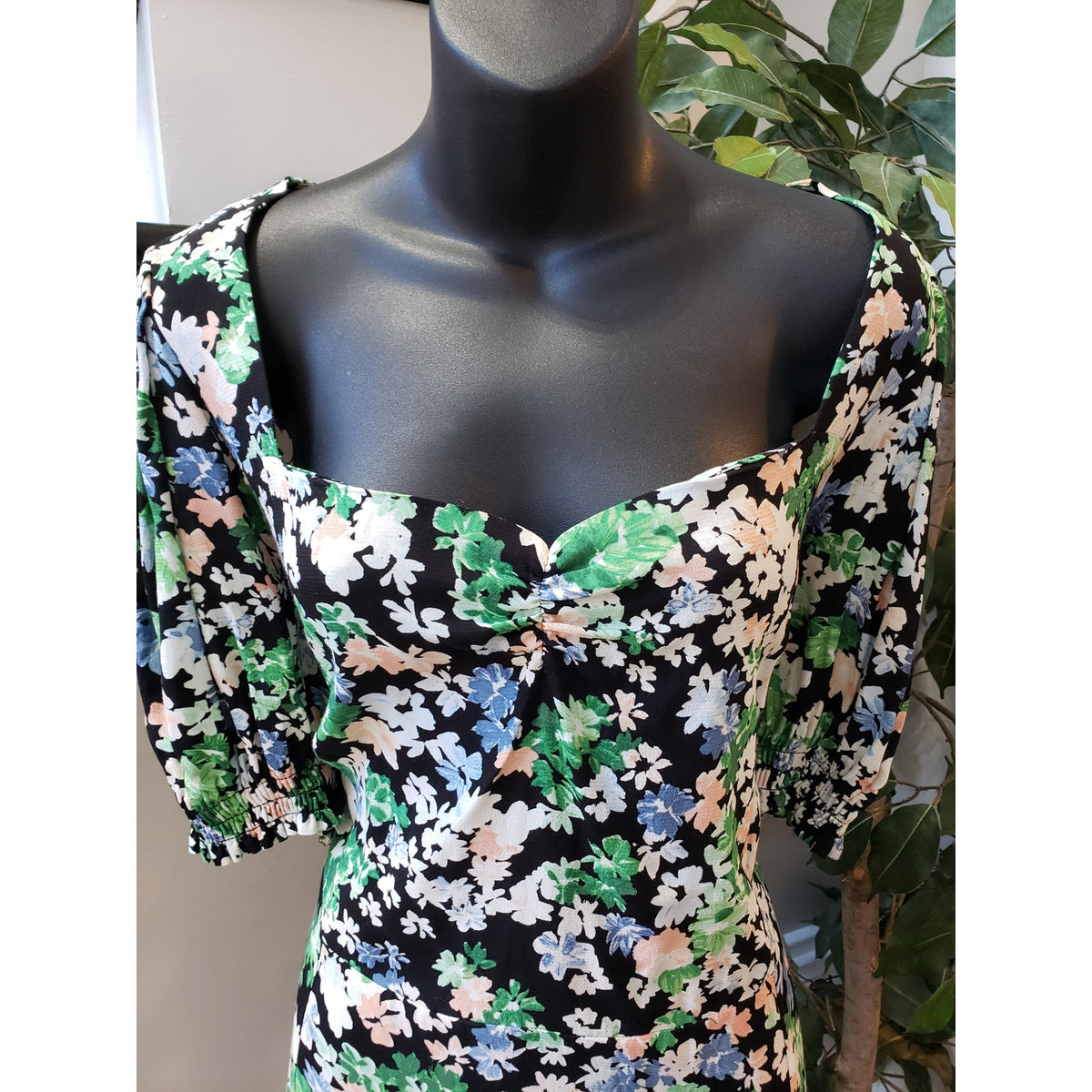 H&M Long Maxi Dress Womens XL Multi Floral Puff Sleeve Sweetheart Neck Back Zip