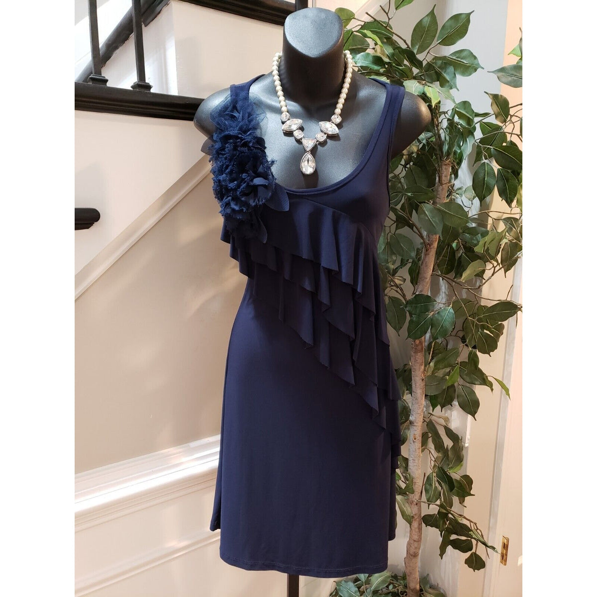 NIC & DOM Women's Blue Floral Scoop Neck Sleeveless Knee Length Dress Size Small