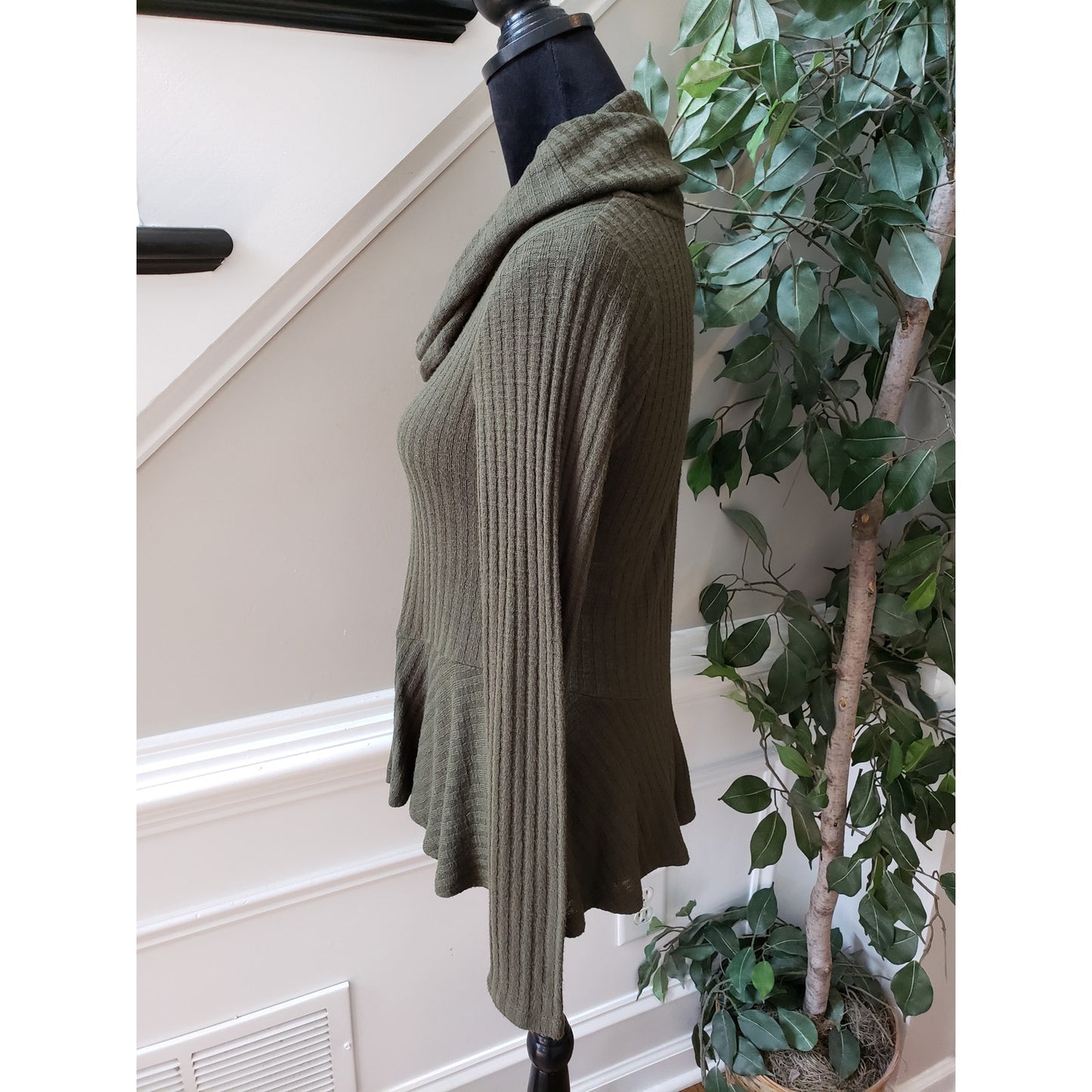 Maeve by Anthropologie Sweater Womens XS Green Cowl Neck Ribbed Peplum Hem