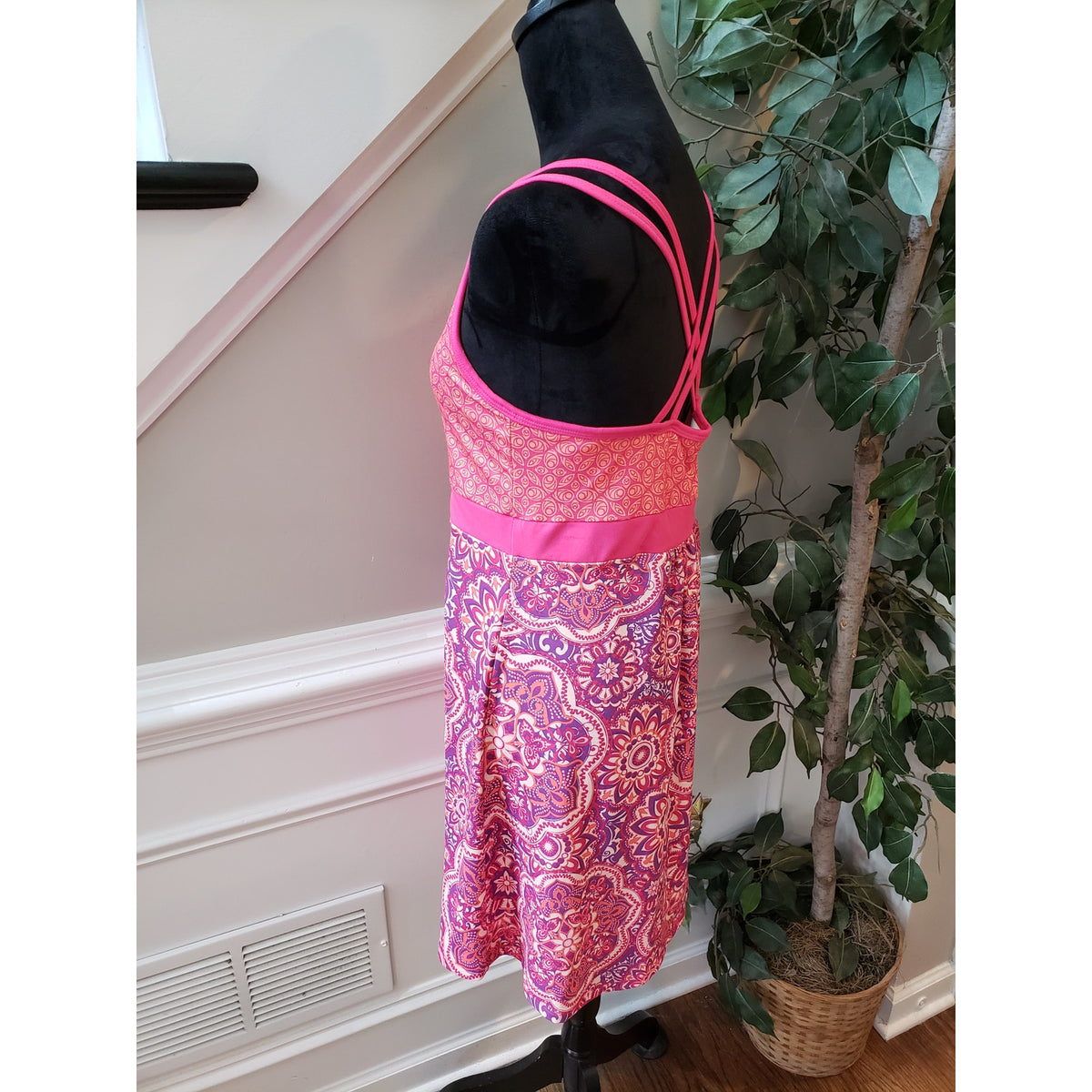 Tehama Tank Dress Women Medium Pink Purple Floral Cross Back Strap Empire Waist