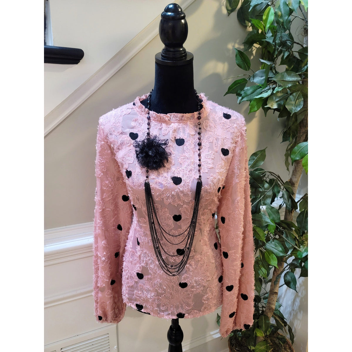 Shein Blouse Women's XL Pink Black Textured Heart Ruffle Crew Balloon Sleeve