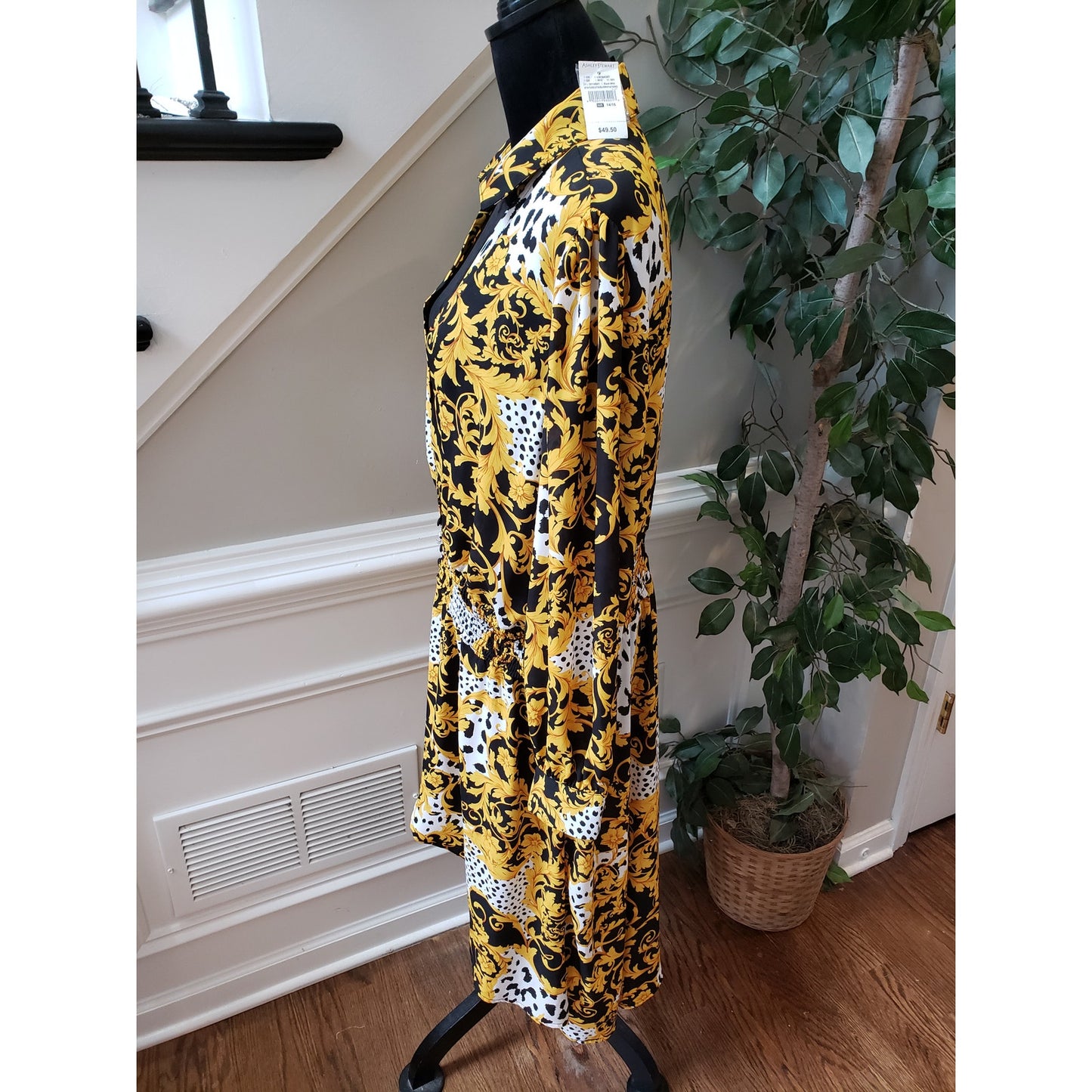 Ashley Stewart Fit & Flare Dress Women 14/16 Black Yellow Floral V Neck Smocked