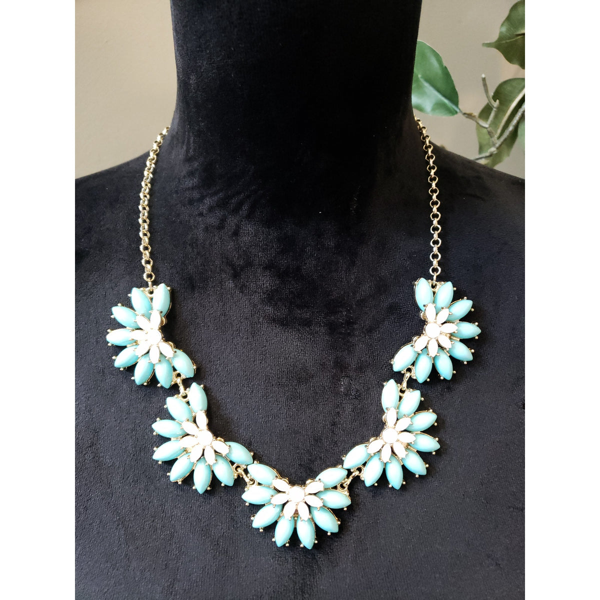 Women's Turquoise Flower Statement Necklace White Accents Lobster Clasp