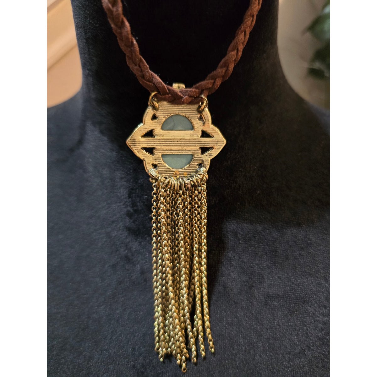 Women's Boho Statement Necklace Turquoise Tone Pendant Gold Fringe Brown Cord