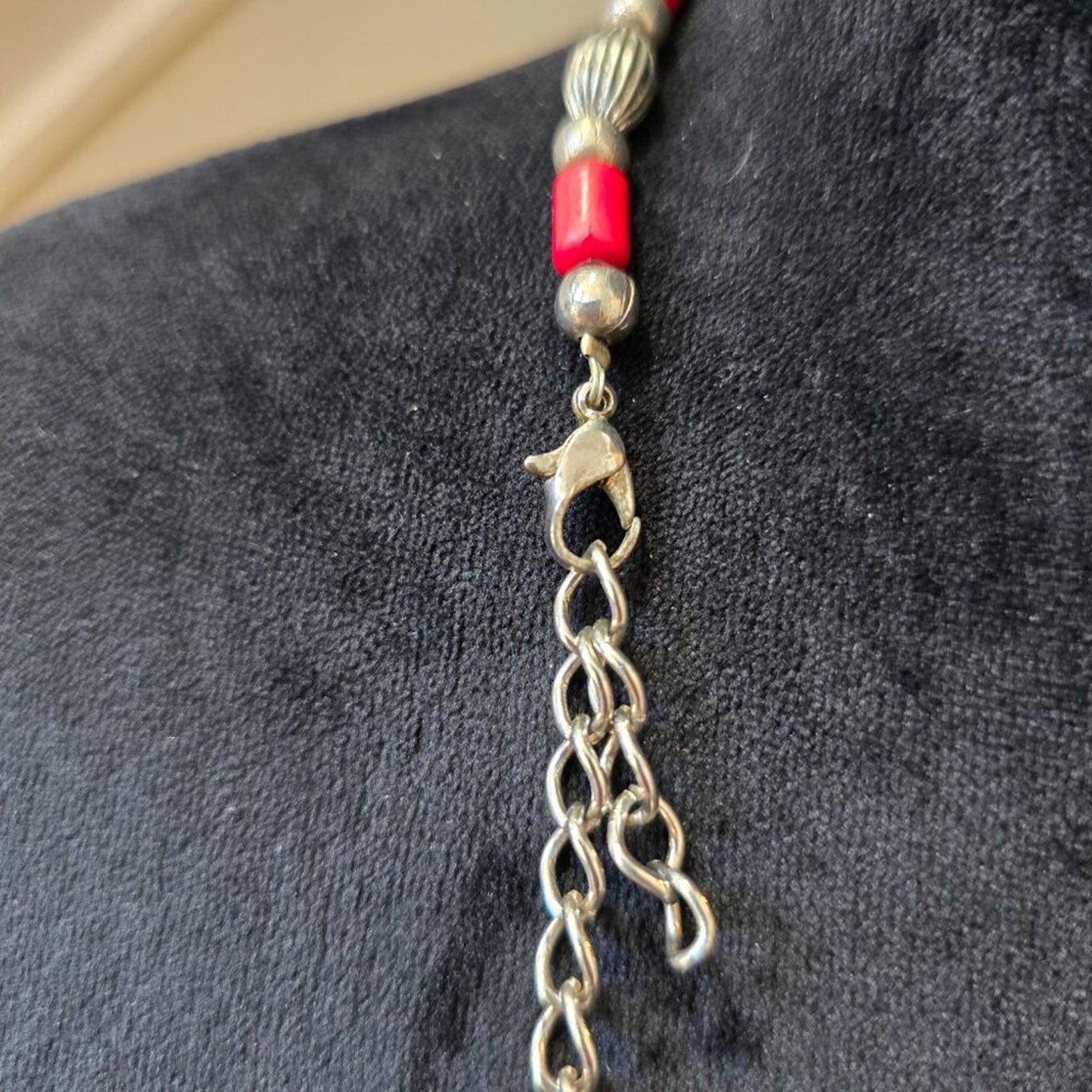Womens Fashion Red & Silver Pearl & Metal Beaded Necklace with Lobster Clasp