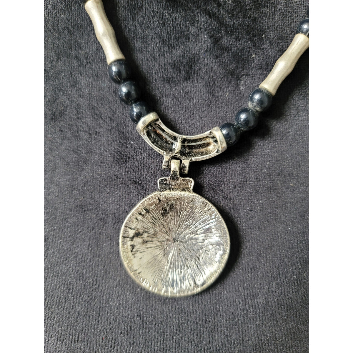 Women's Black Beaded Necklace With Round Silver Pendant And Lobster Clasp Lock