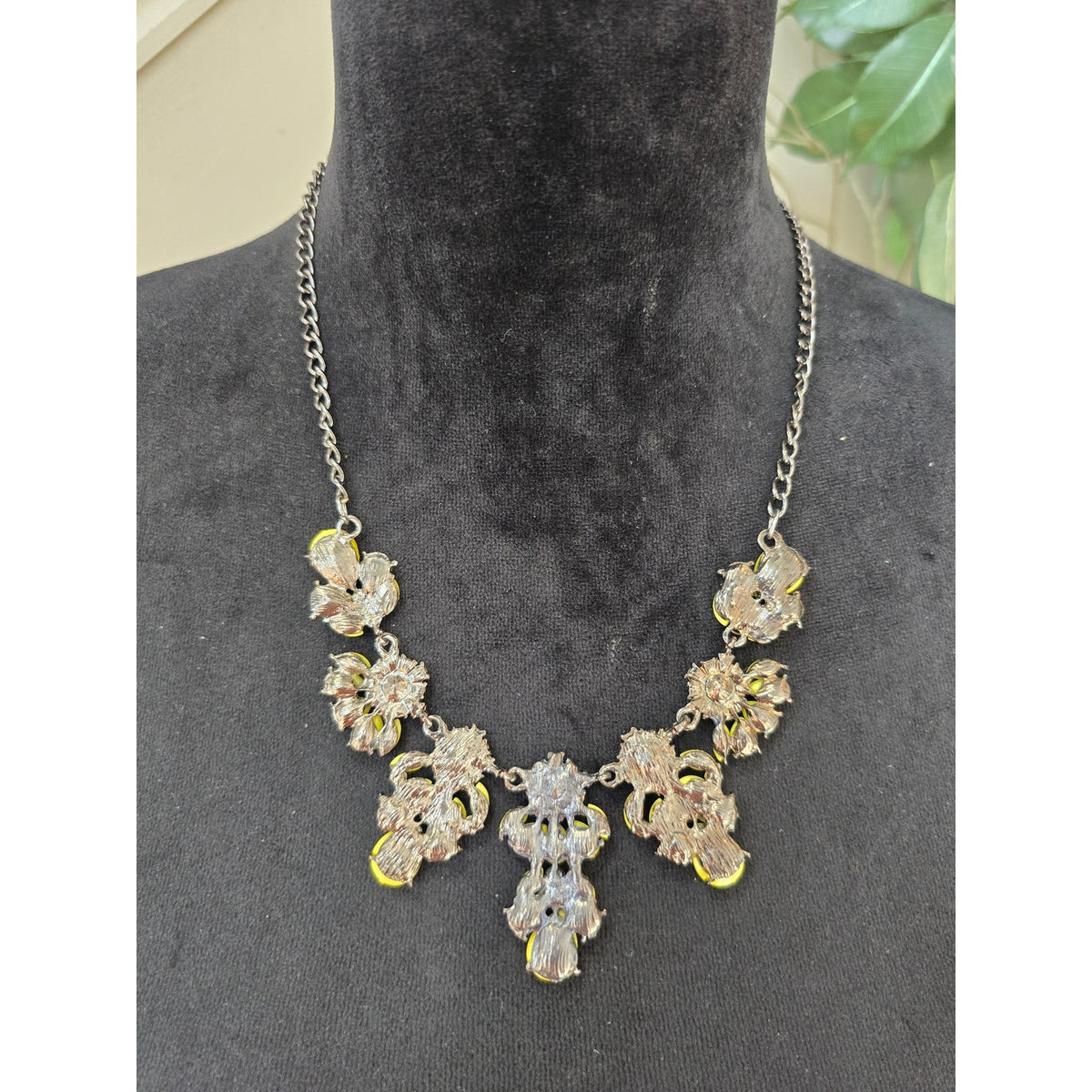 Yellow Teardrop Rhinestone Floral Bib Statement Necklace Silver Tone Jewelry