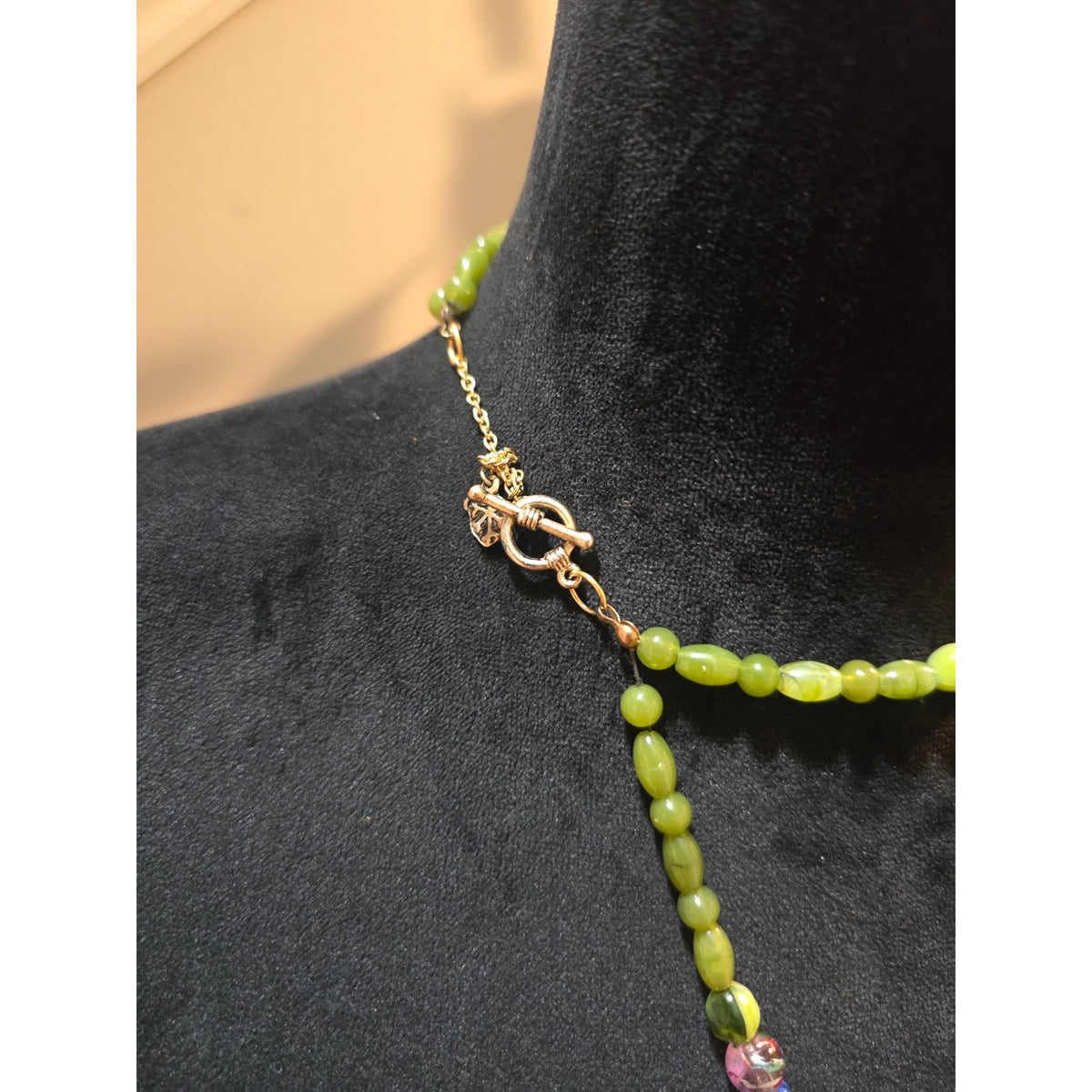 Women Colorful Glass Beaded Necklace Double Strand Green Pendant Handmade Boho