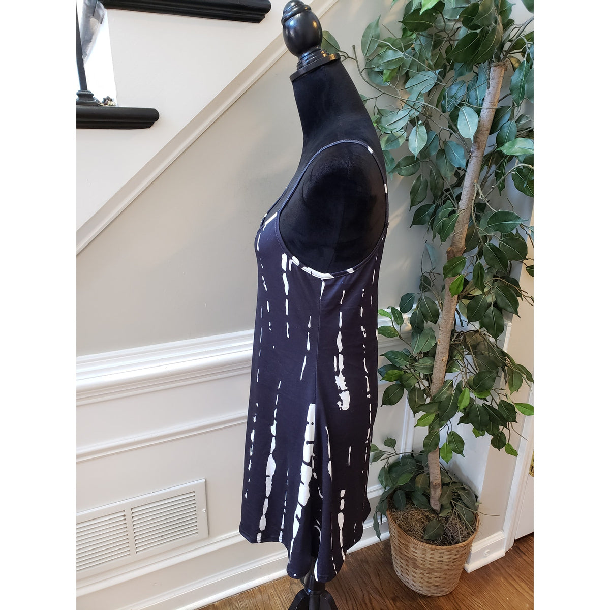 Women's Camisole Dress Medium Black Tie Dye Print Sleeveless Stretch Round Neck