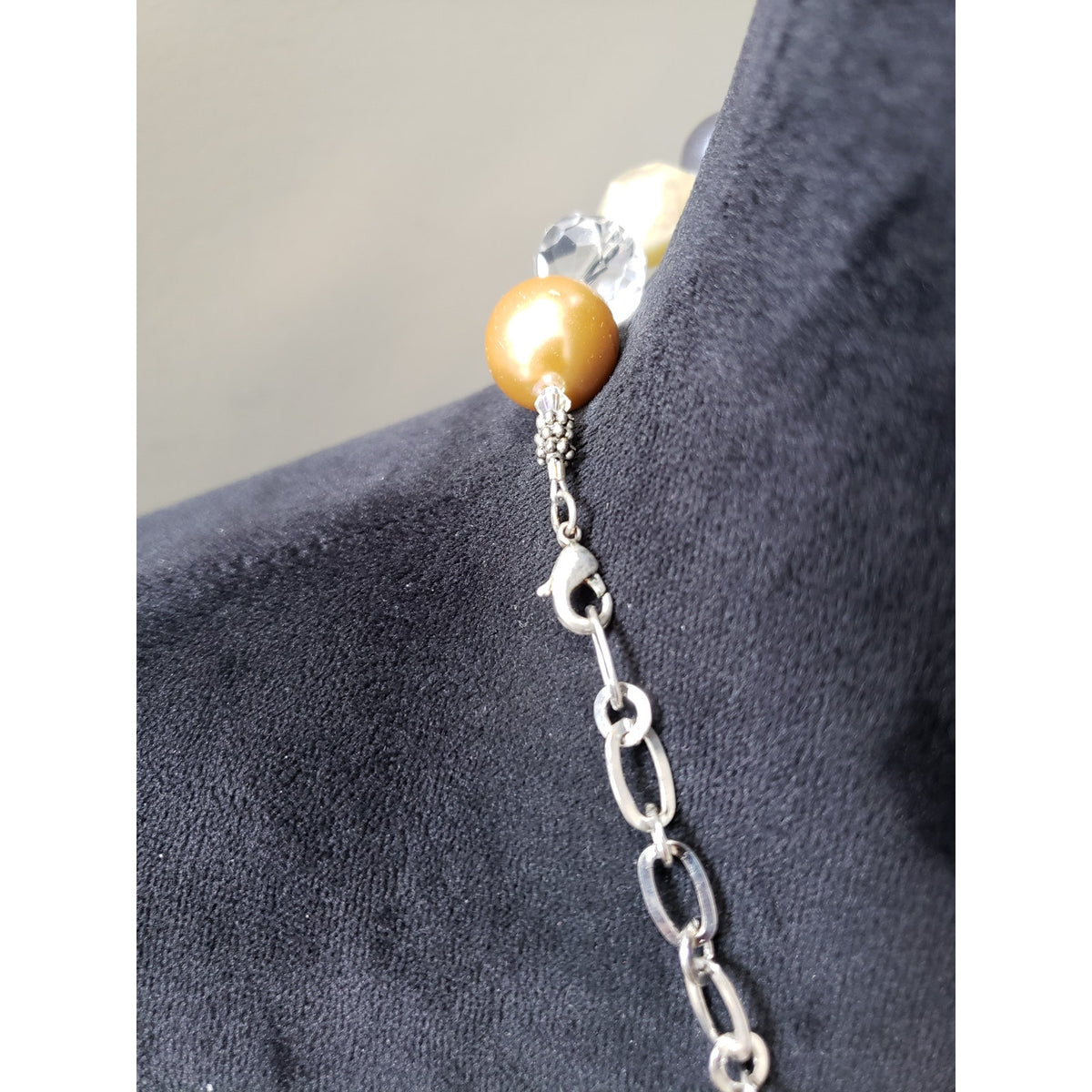 Women's Mixed Bead Necklace Gold Gray Clear Statement Lobster Clasp Chunky Boho