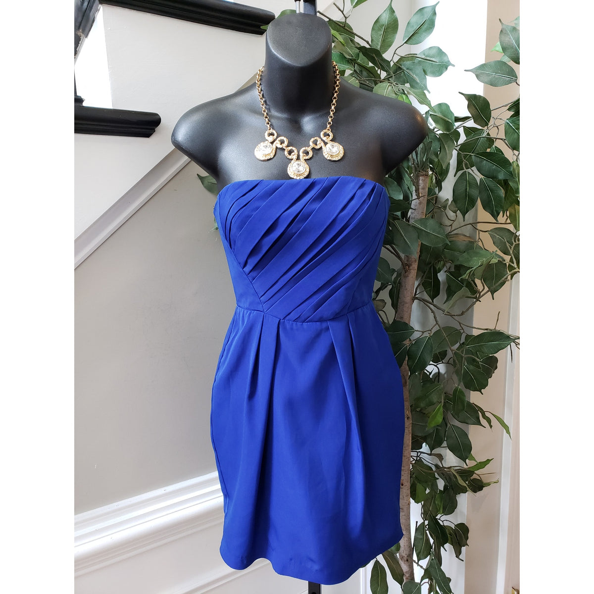 Naven Knee Length Dress Womens XS Blue Lined Pleated Back Zip Off The Shoulder