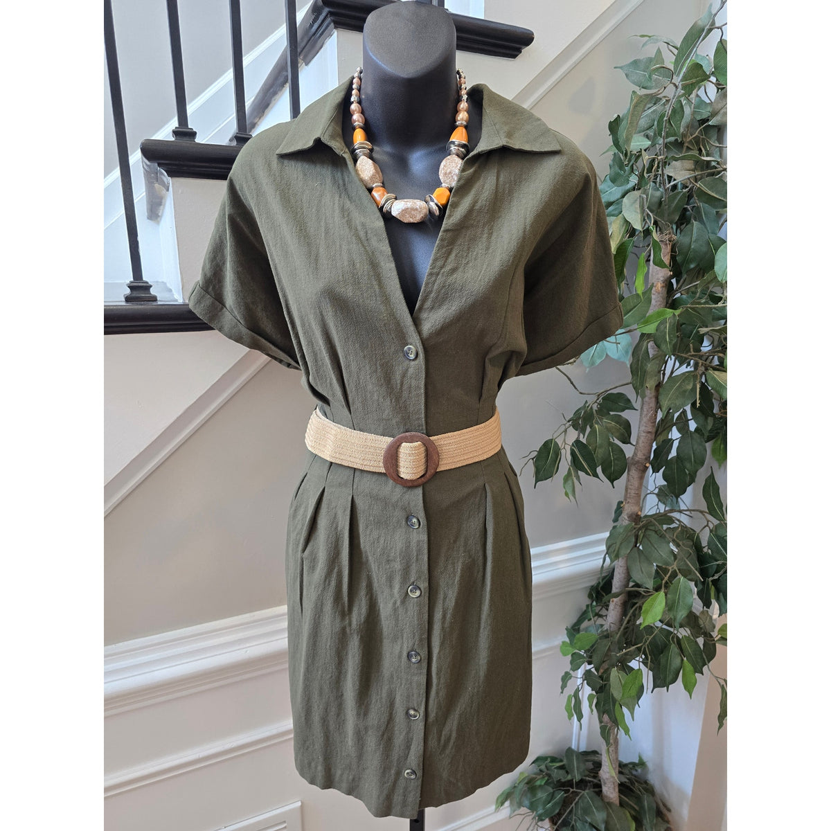 H&M Mini Shirt Dress Women's Small Olive Green Button Up Collar Pleated Back
