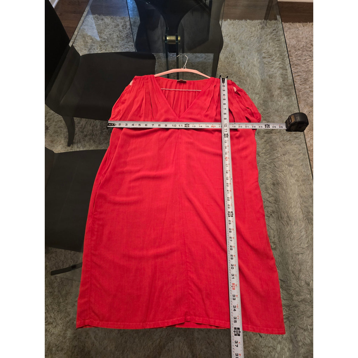 The Odell's Shift Dress Women's Small Coral Red Pleated Back V-Neck Pockets