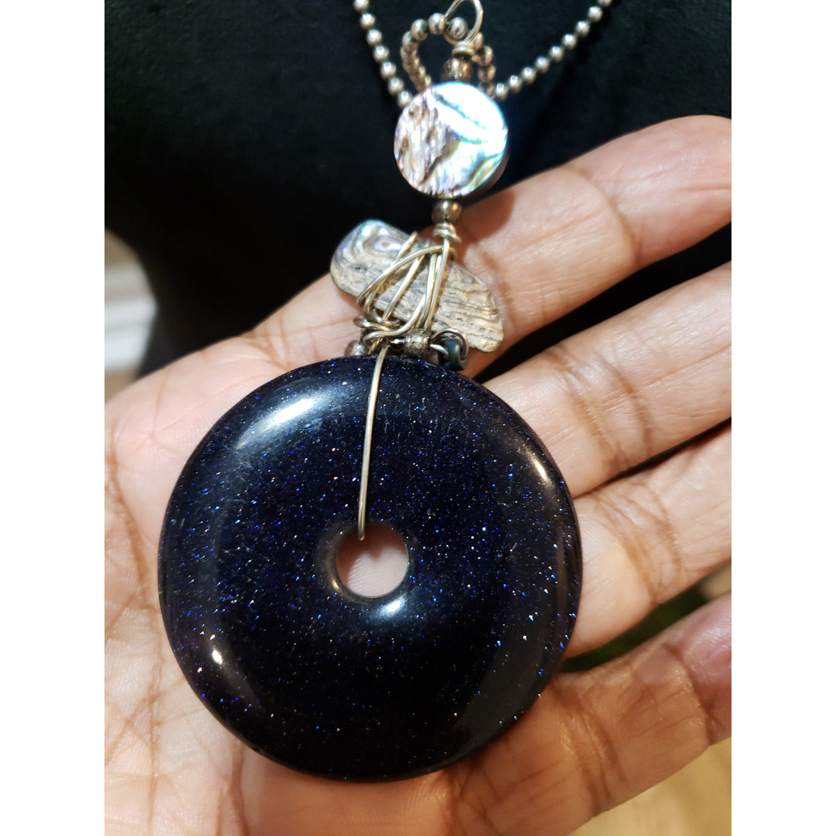 Womens Silver Tone Wire Wrap Charm Blue Resin Donut Pendant Long Cain Necklace