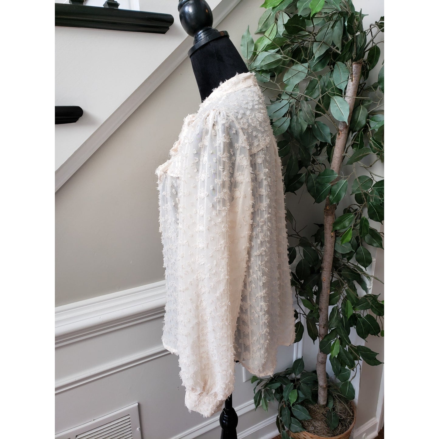 Listicle Button Down Shirt Womens Medium Beige Lace Sheer Tie Neck Long Sleeve