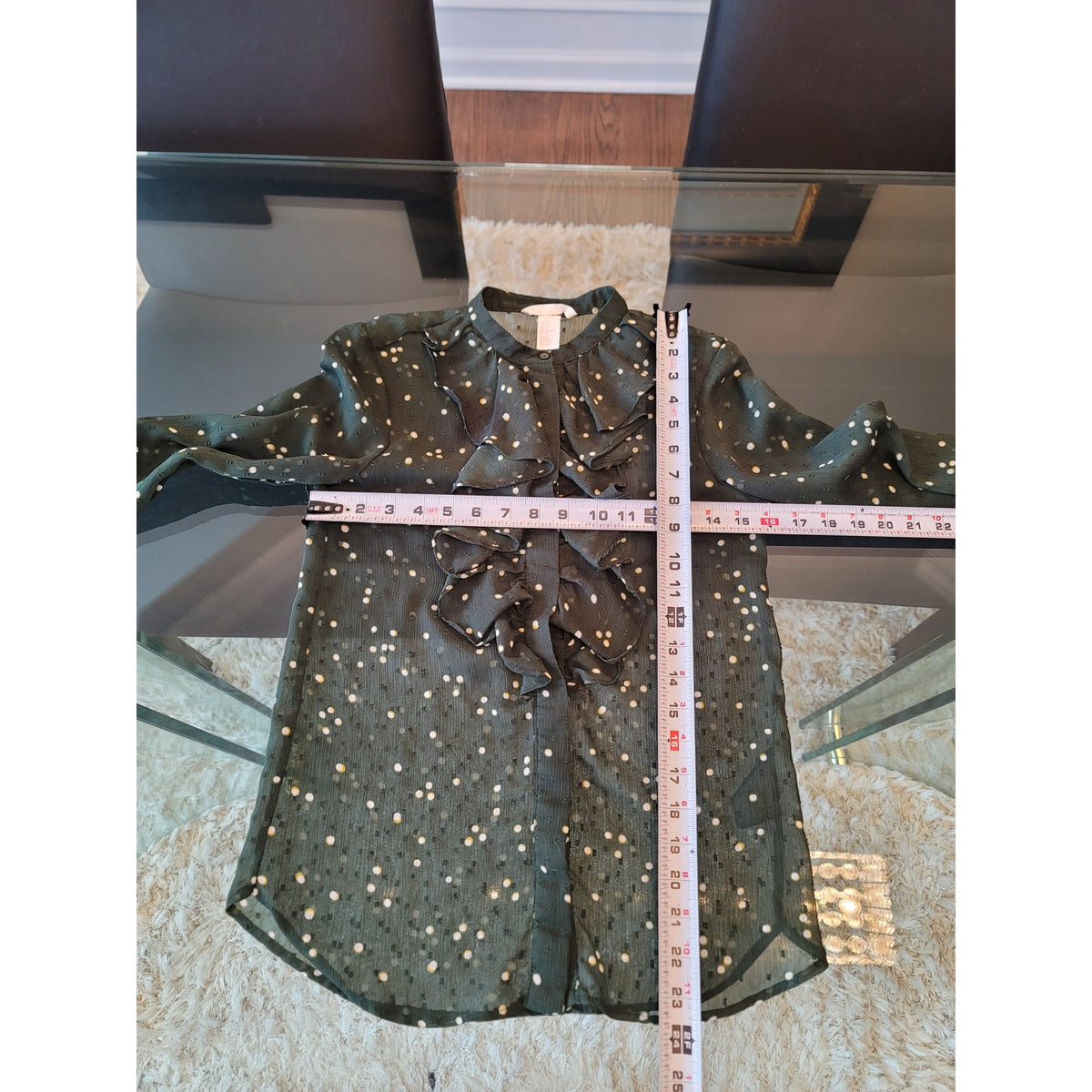 H&M Blouse Green Polka Dot Sheer Ruffle Band Collar Long Sleeve Small Button-Up
