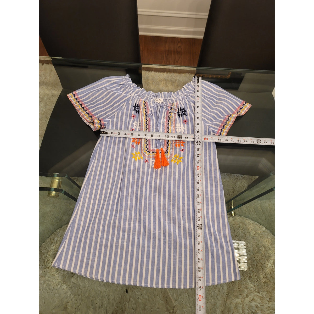 THML Blouse Top Women's Small Blue/White Stripe Elastic Neck Raglan Sleeves
