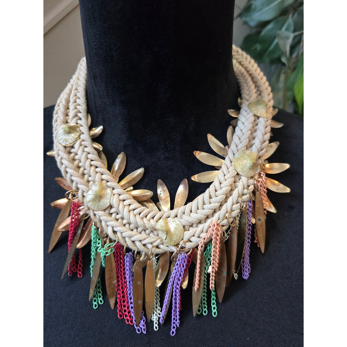 Women's Chunky Enamel Daisy Flowers Tassel Chain Braided Bib Statement Necklace