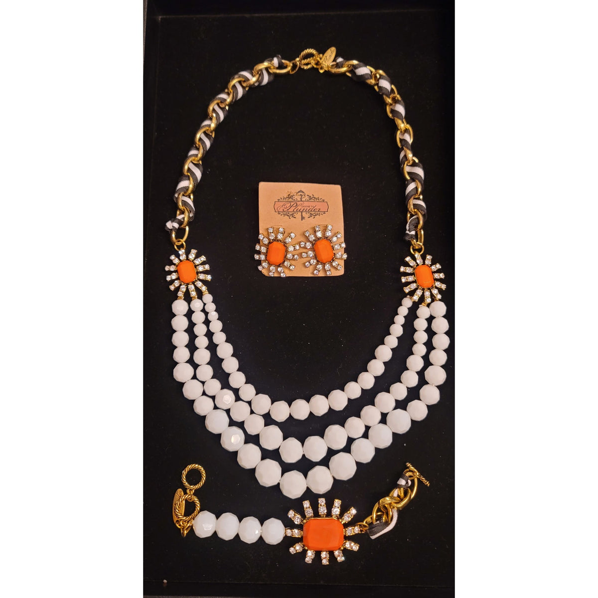 Plunder Orange White Beaded Necklace, Bracelet Earrings Set Statement Jewelry